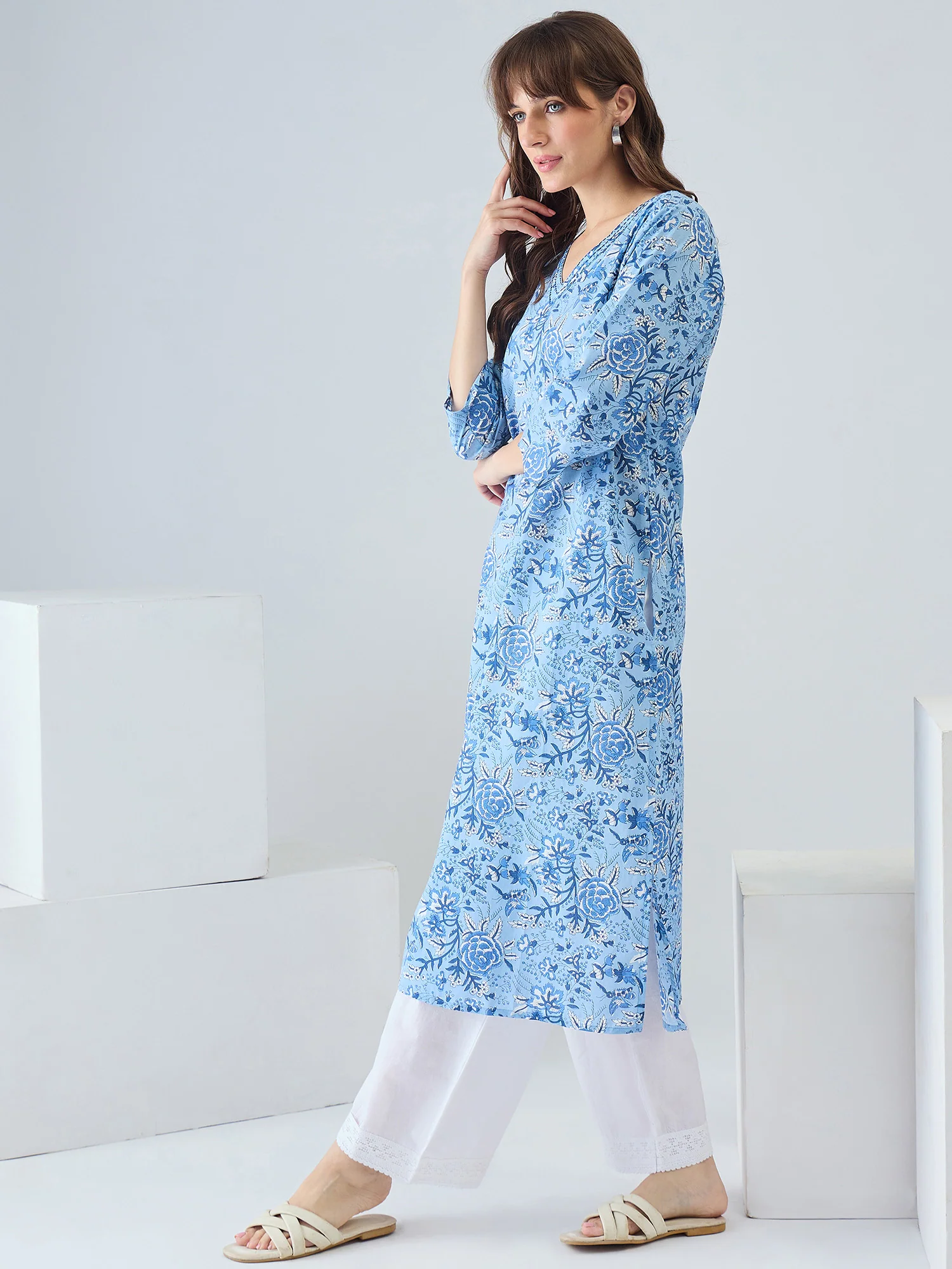 Blue Printed Cotton Floral Straight Kurtas - Image 6
