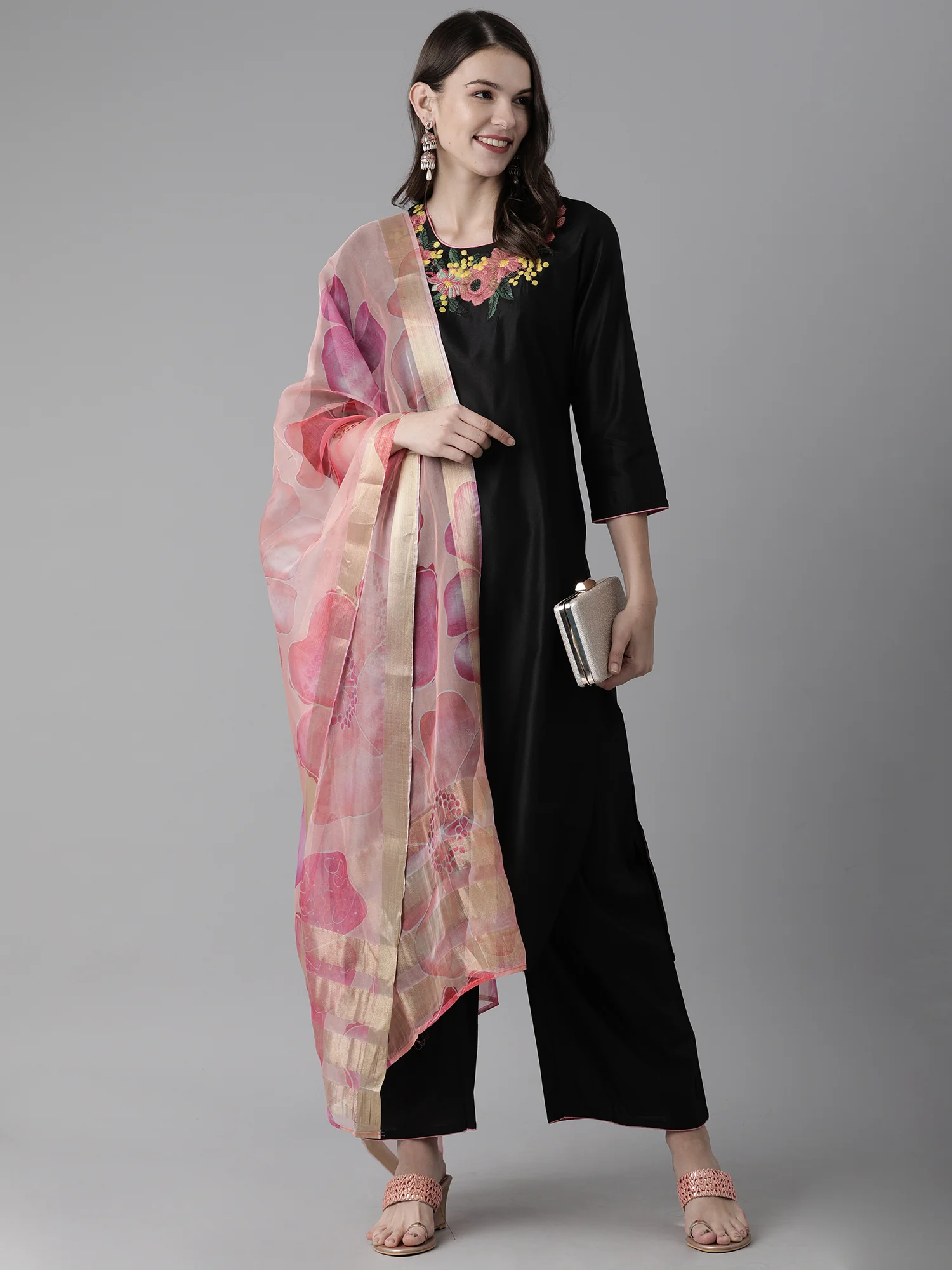 Indo Era Black Embroidered Straight Kurta Palazzo With Dupatta Set - Image 3
