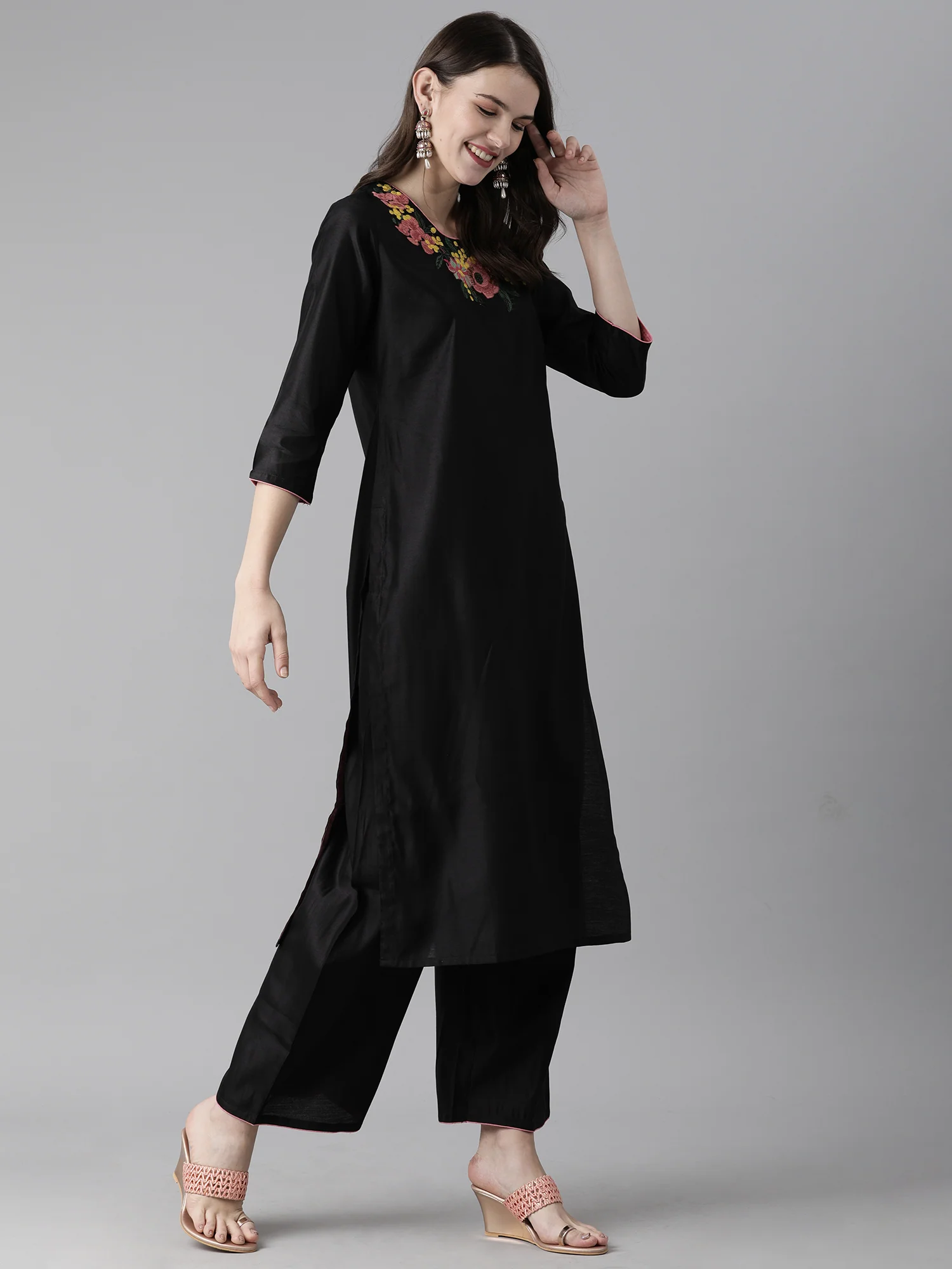 Indo Era Black Embroidered Straight Kurta Palazzo With Dupatta Set - Image 5