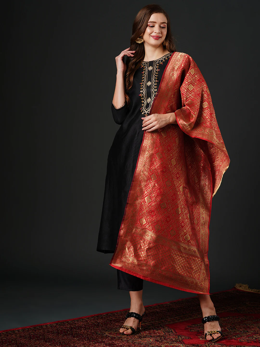 Indo Era Black Embroidered Straight Kurta Trouser With Dupatta Set - Image 3