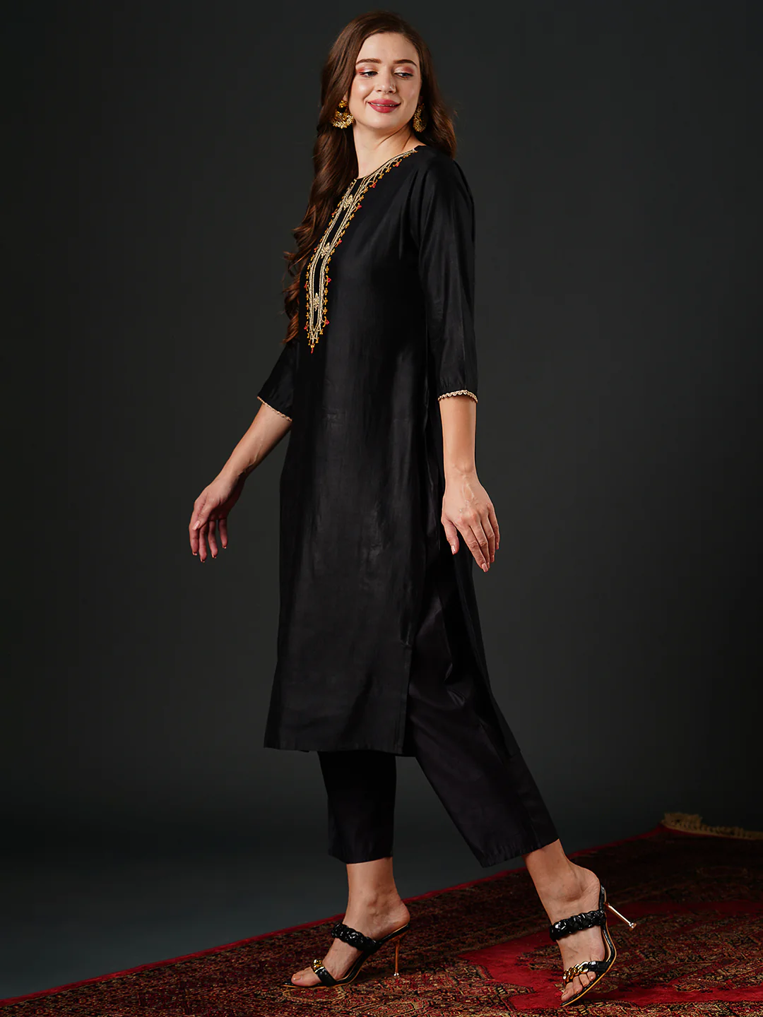 Indo Era Black Embroidered Straight Kurta Trouser With Dupatta Set - Image 4