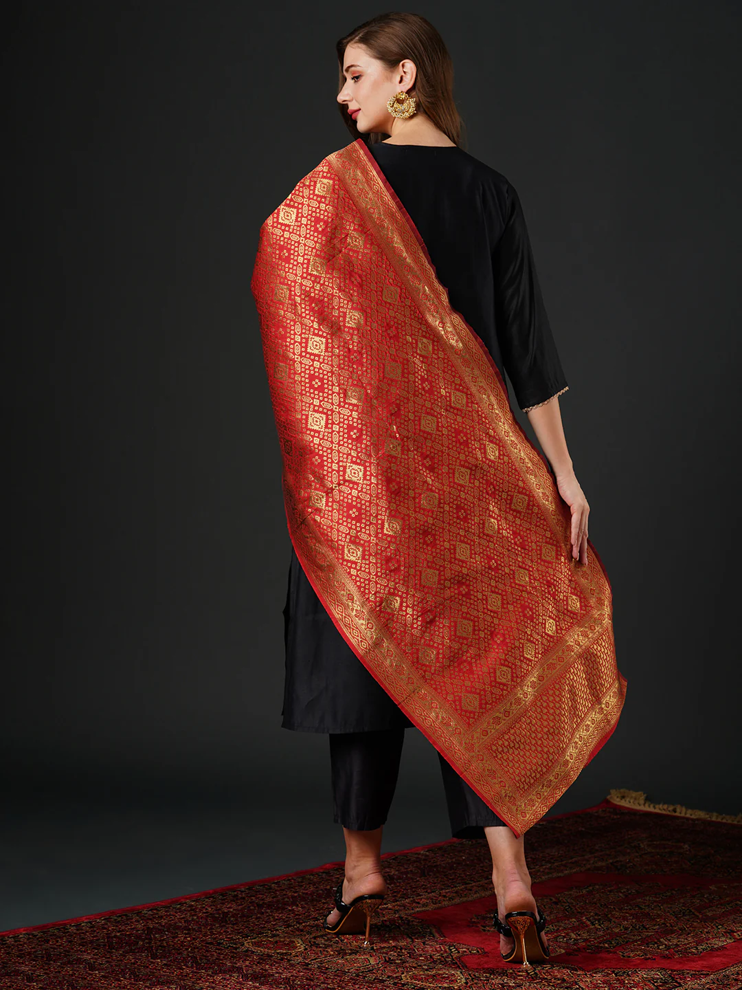 Indo Era Black Embroidered Straight Kurta Trouser With Dupatta Set - Image 5