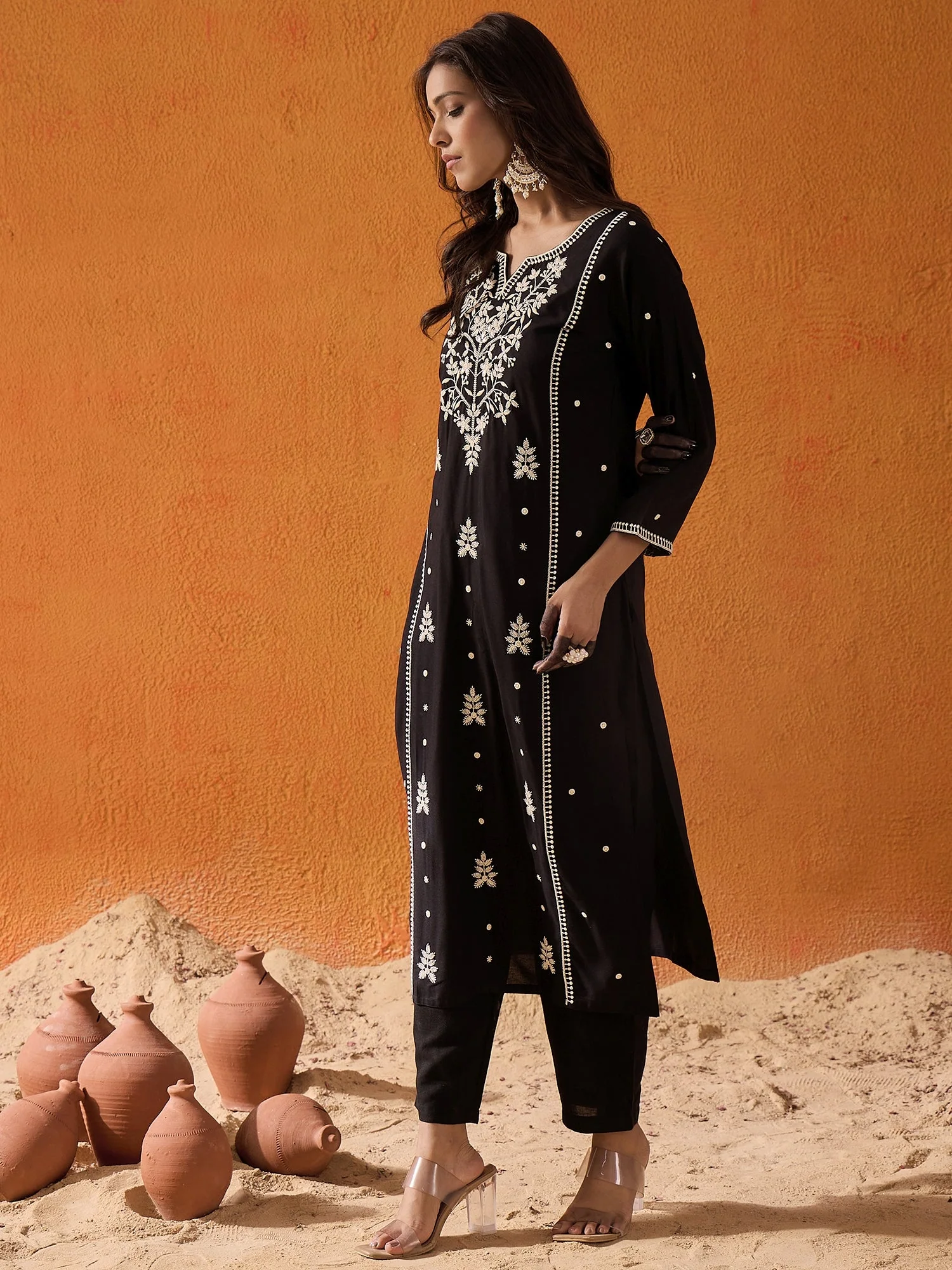 Black Embroidered Straight Kurtas - Image 3