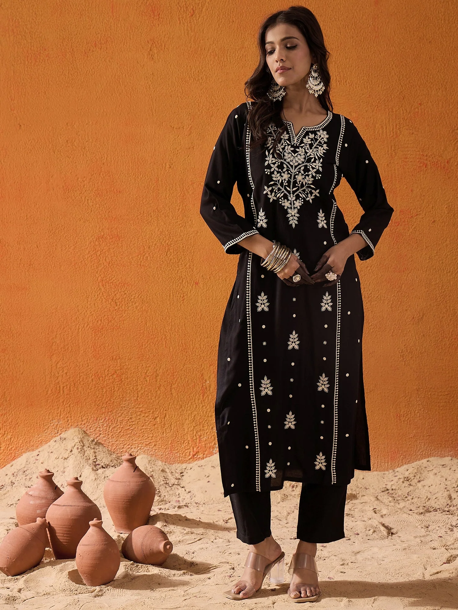 Black Embroidered Straight Kurtas - Image 6