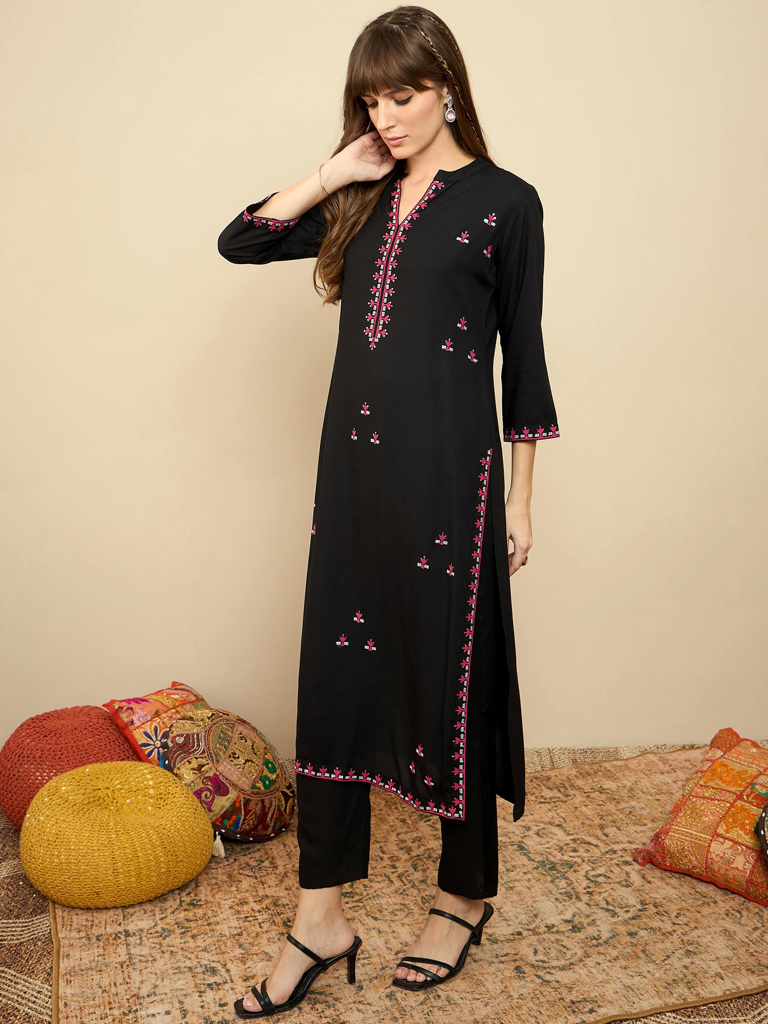 Indo Era Black Embroidered Straight Kurtas - Image 3