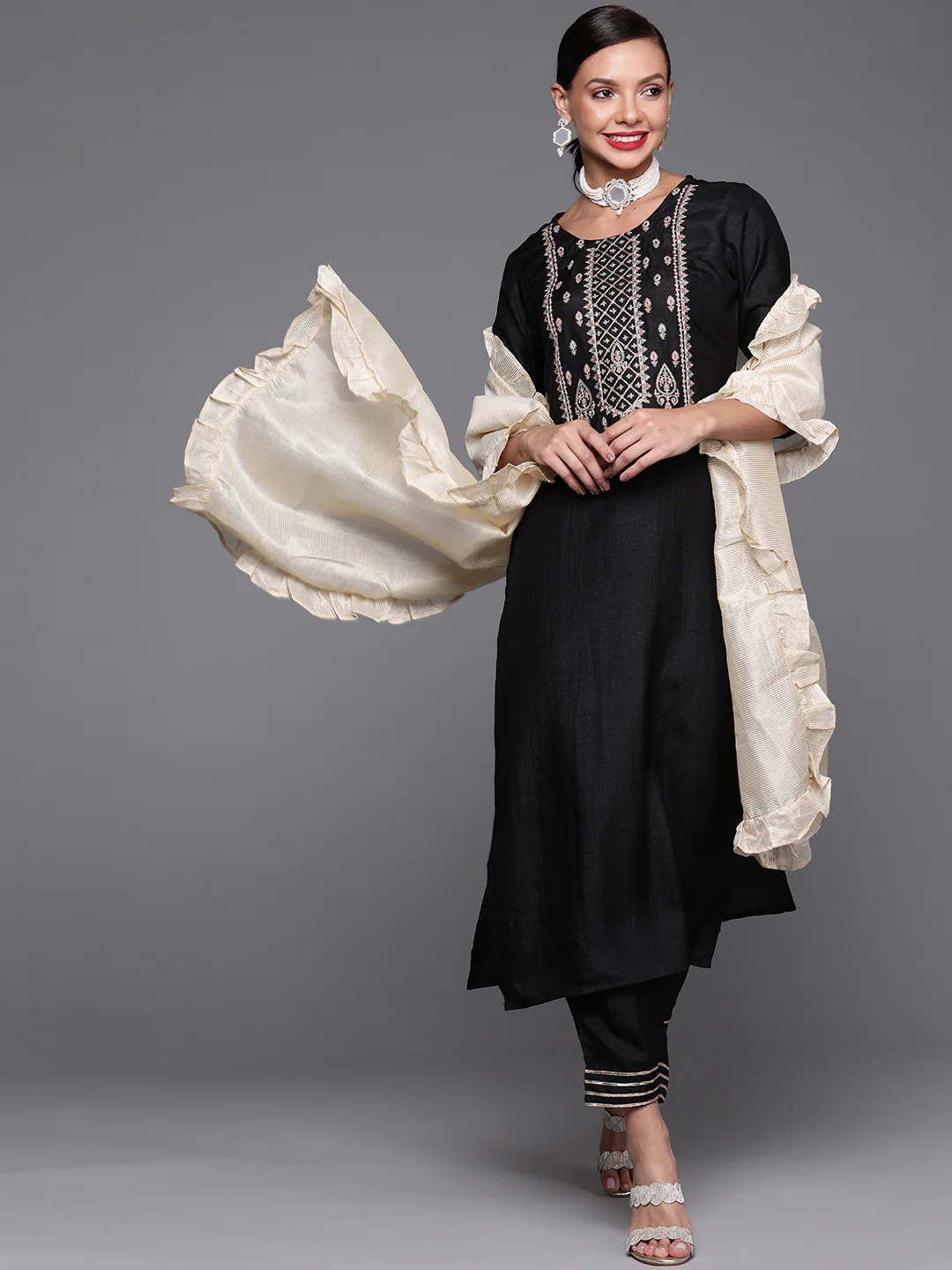 Indo Era Black Embroidred Kurta Trouser With Dupatta Set - Image 3
