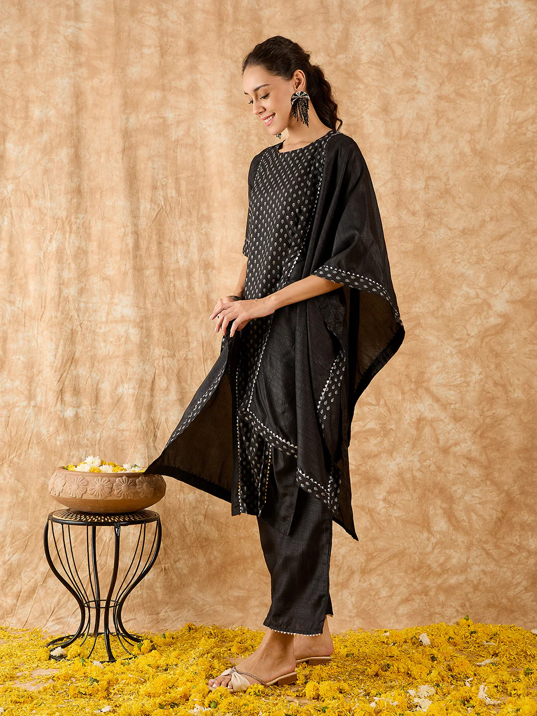 Indo Era Black Printed A-Line Kurta Trouser with Dupatta set - Image 4