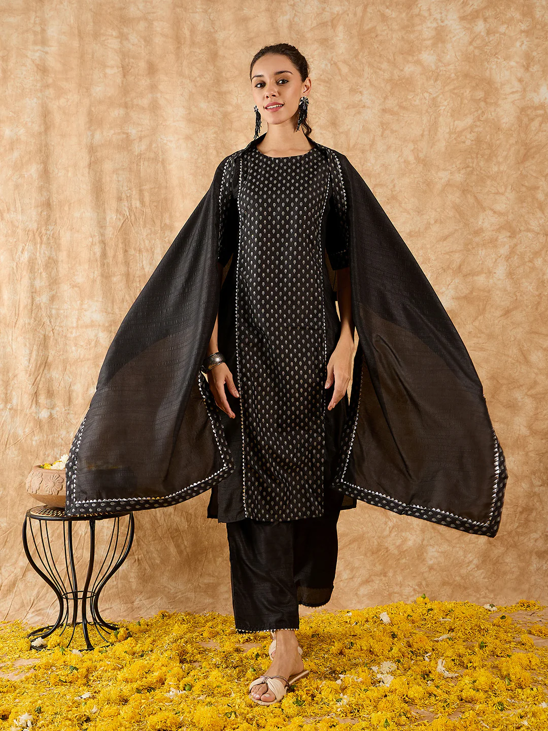 Indo Era Black Printed A-Line Kurta Trouser with Dupatta set - Image 5