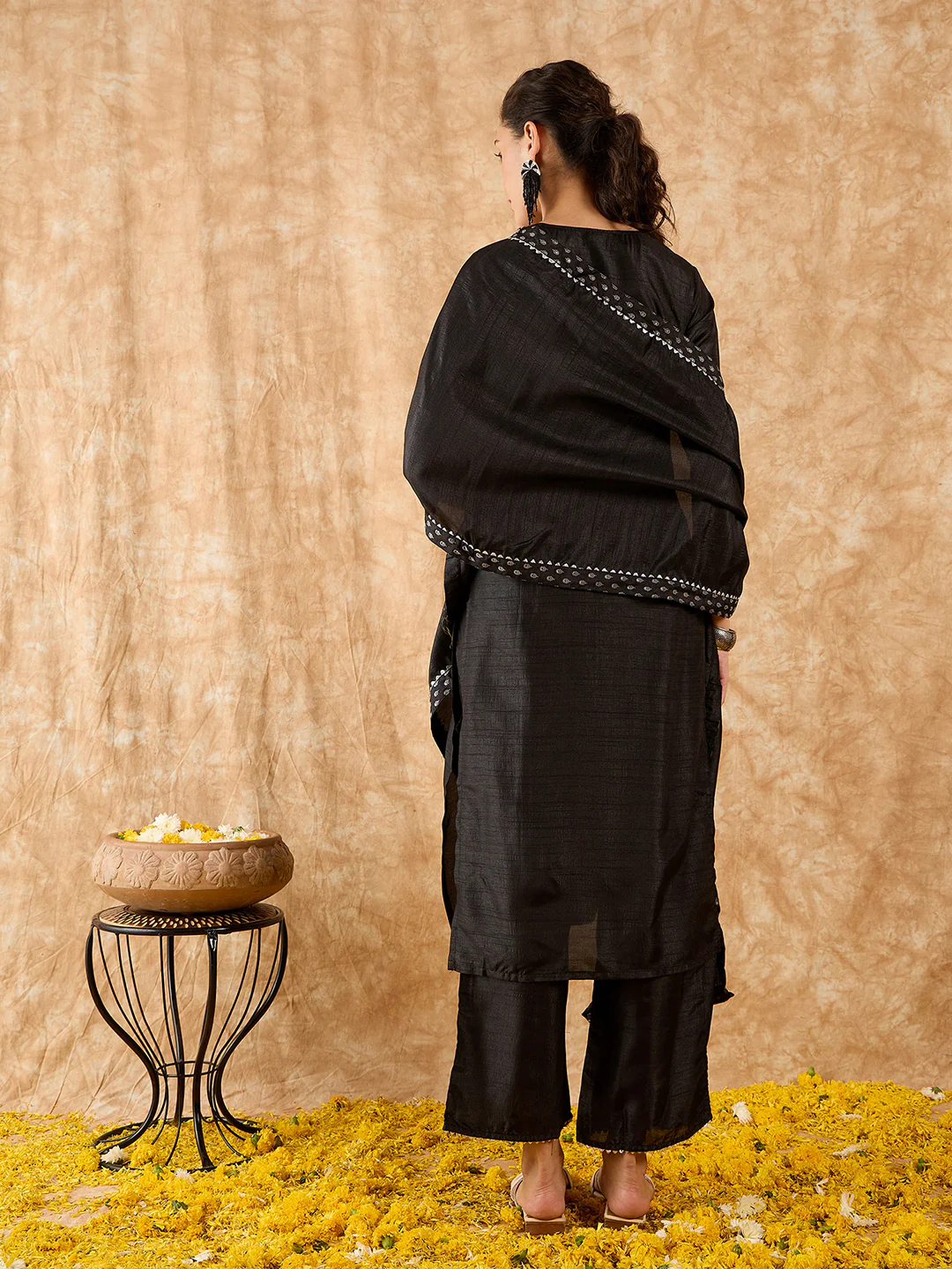 Indo Era Black Printed A-Line Kurta Trouser with Dupatta set - Image 6