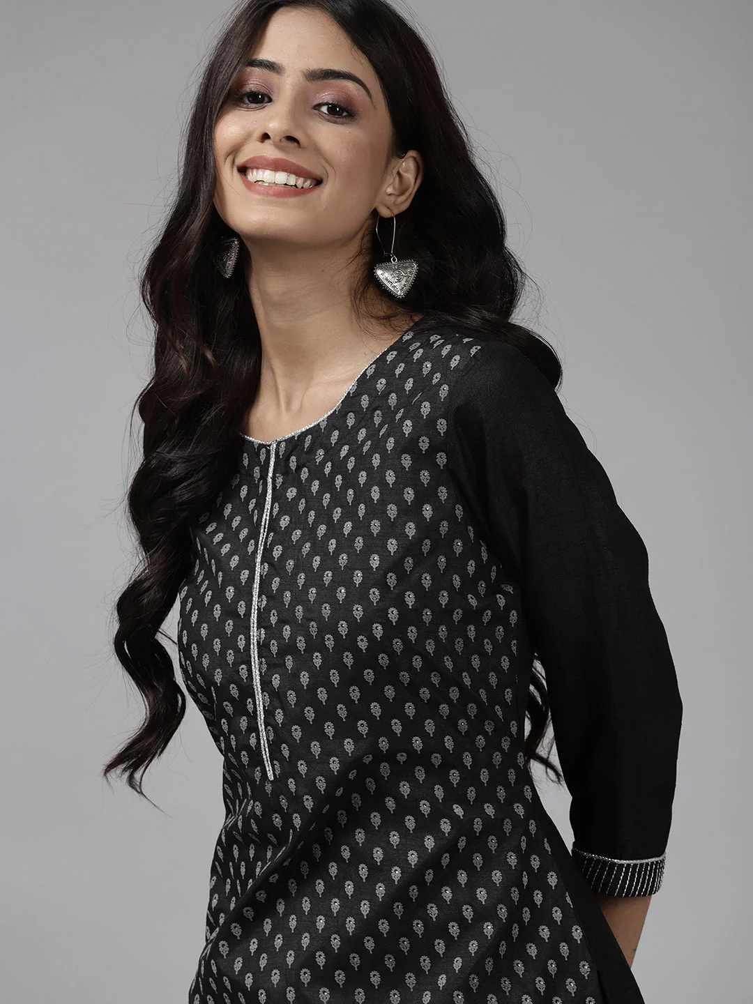 Indo Era Black Printed Straight Kurta Palazzo with Dupatta Set - Image 3