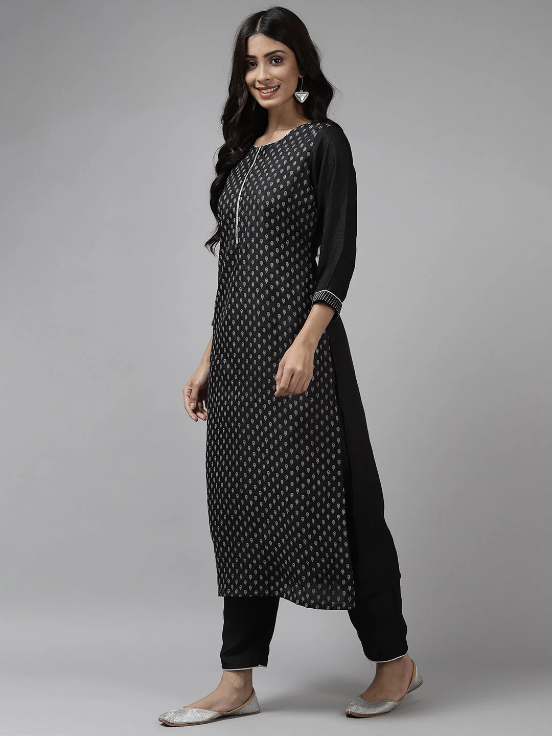 Indo Era Black Printed Straight Kurta Palazzo with Dupatta Set - Image 4