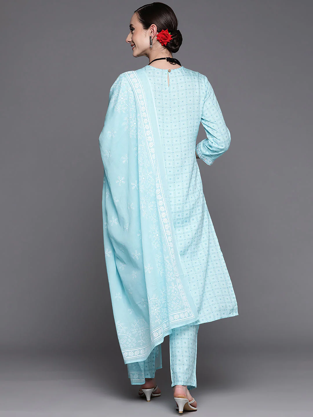 Indo Era Blue Embroidered Straight Kurta Trousers With Dupatta Set - Image 5