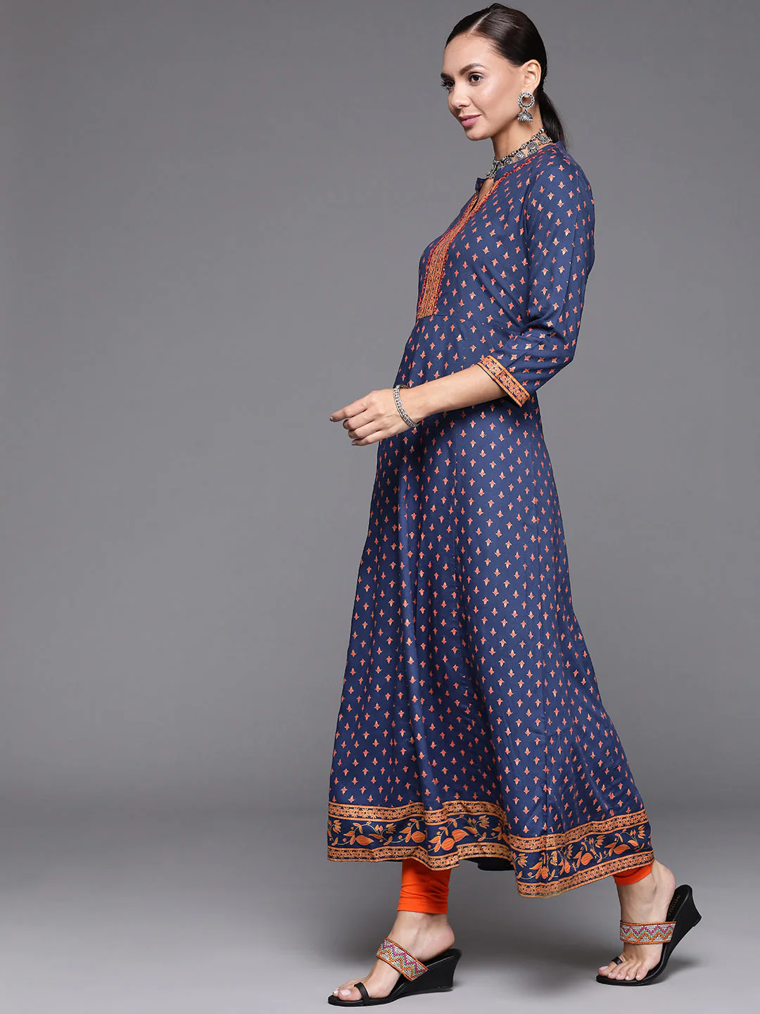Indo Era Blue Foil Printed A-line Kurta - Image 3