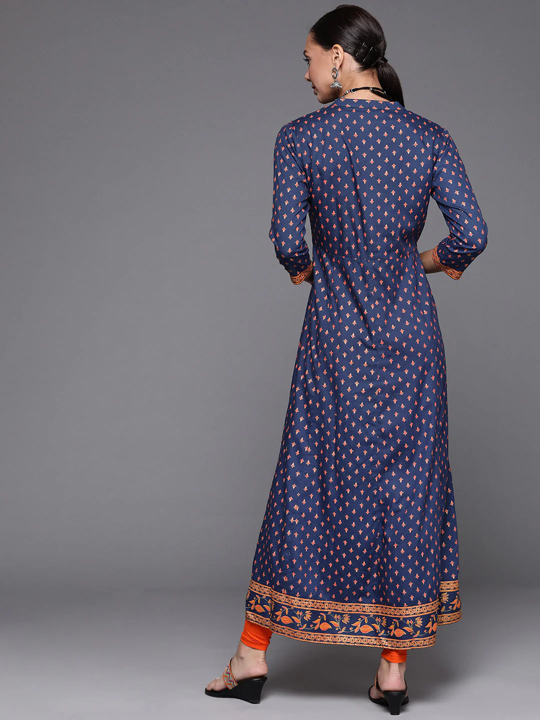 Indo Era Blue Foil Printed A-line Kurta - Image 4