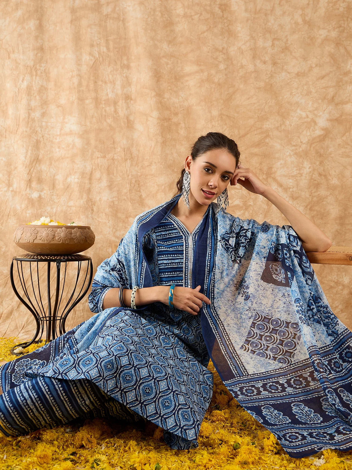 Indo Era Blue Printed A-line Kurta Trouser With Dupatta Set - Image 3