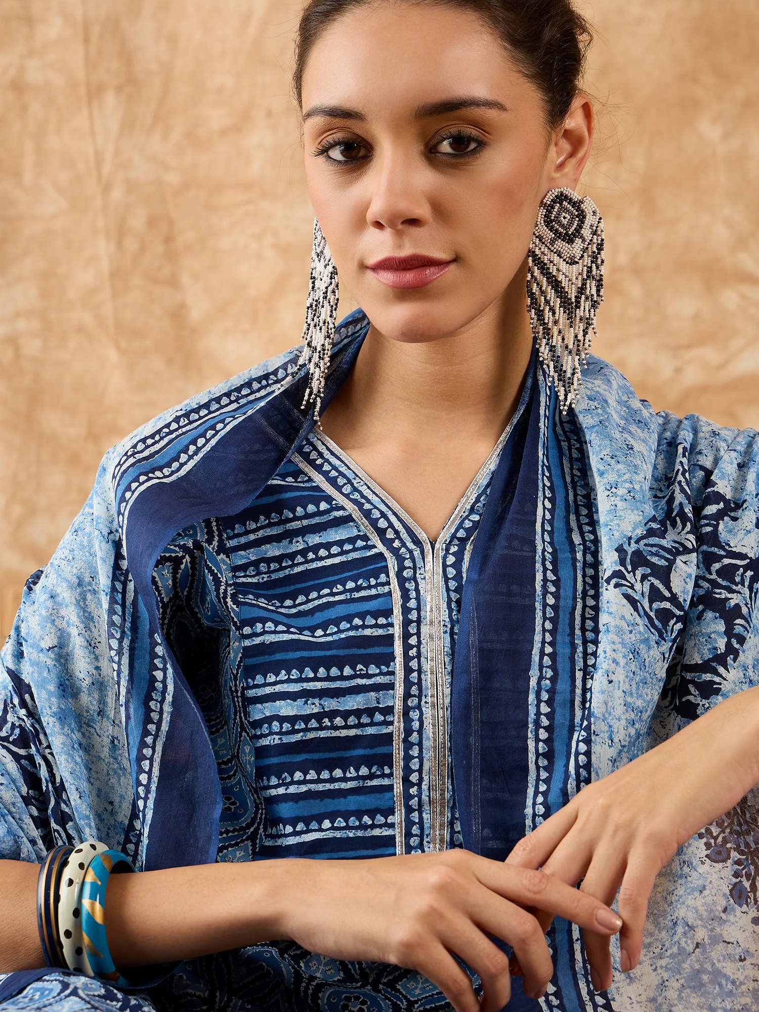 Indo Era Blue Printed A-line Kurta Trouser With Dupatta Set - Image 4