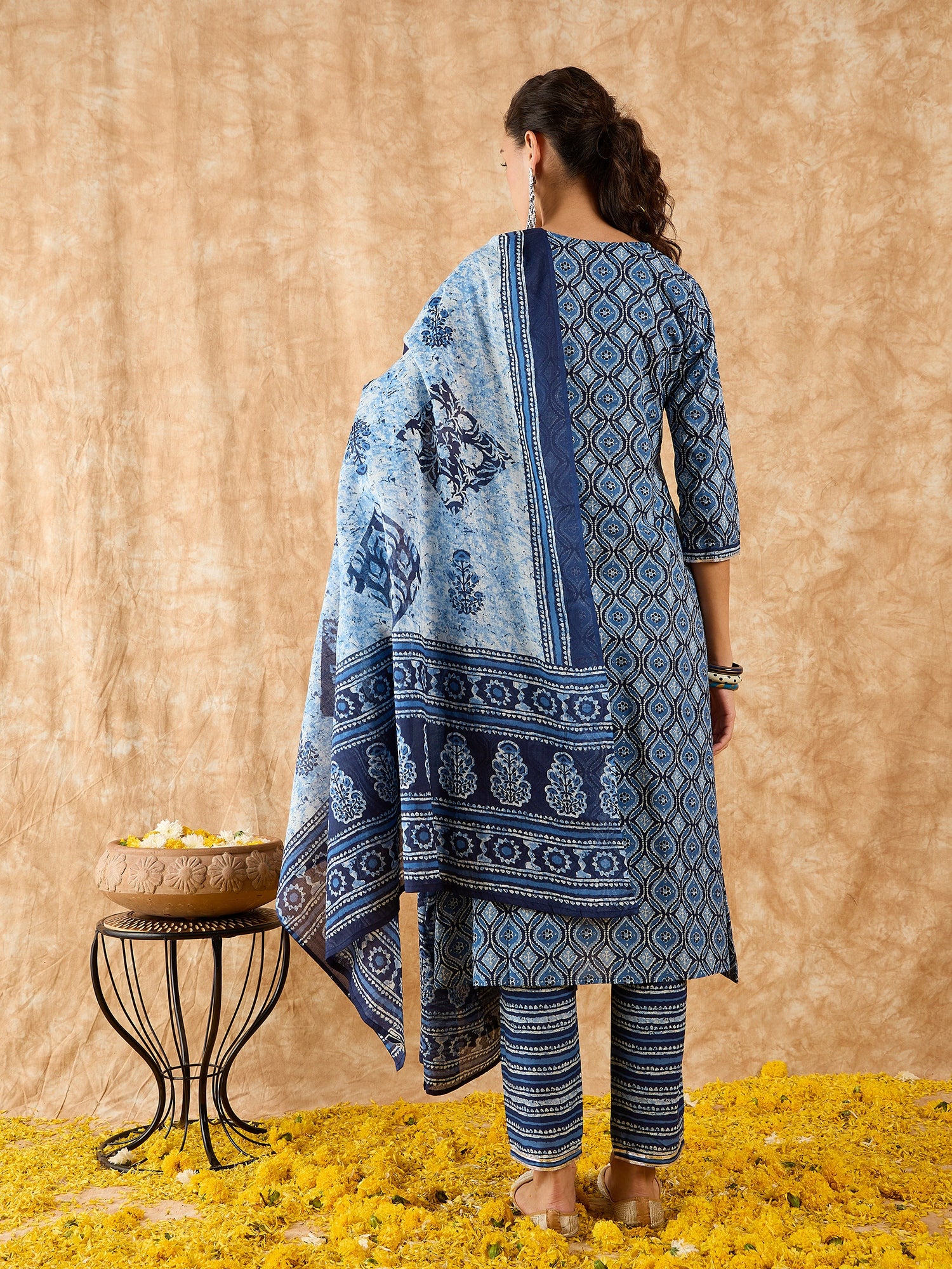 Indo Era Blue Printed A-line Kurta Trouser With Dupatta Set - Image 5
