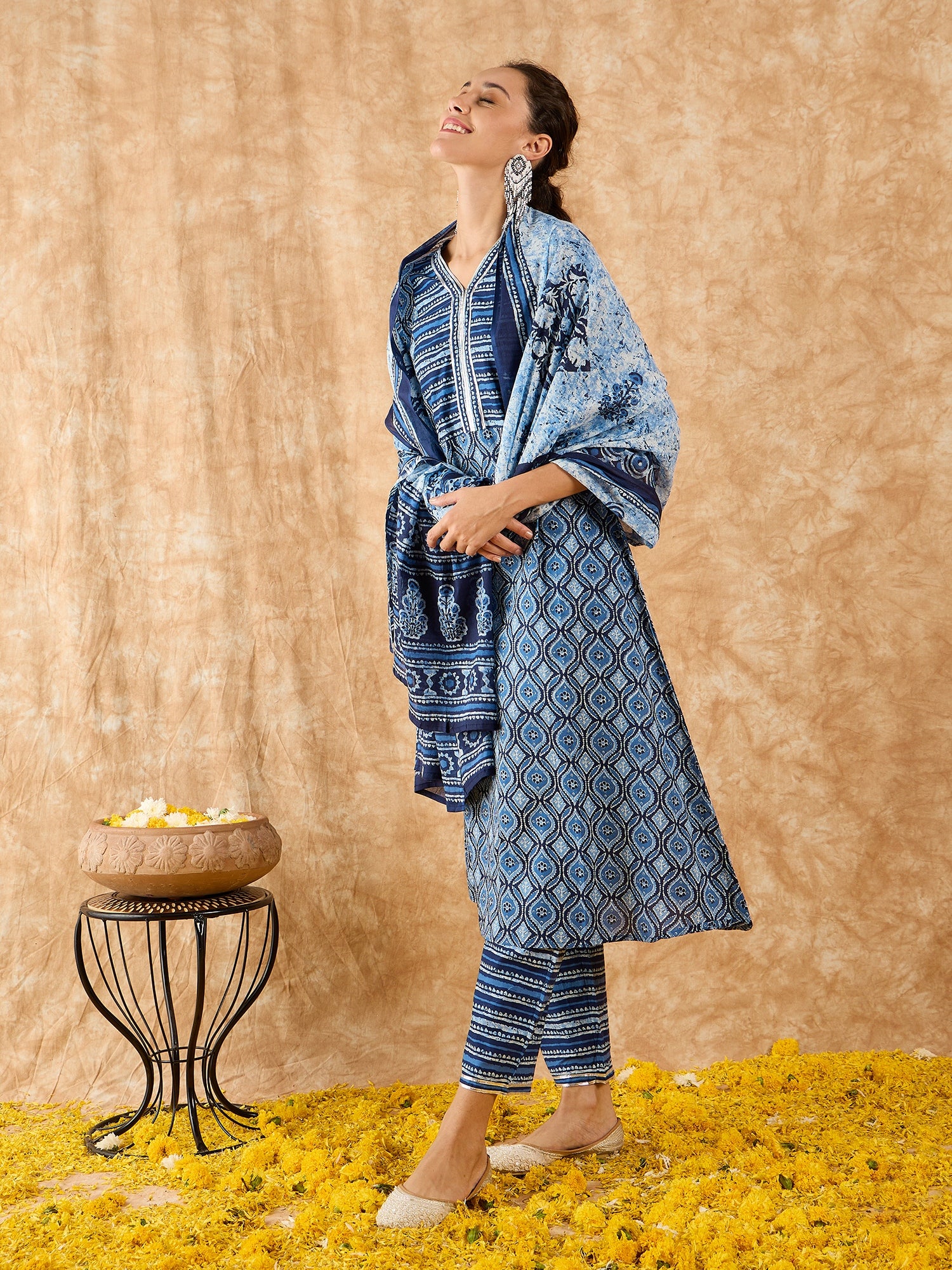 Indo Era Blue Printed A-line Kurta Trouser With Dupatta Set - Image 6