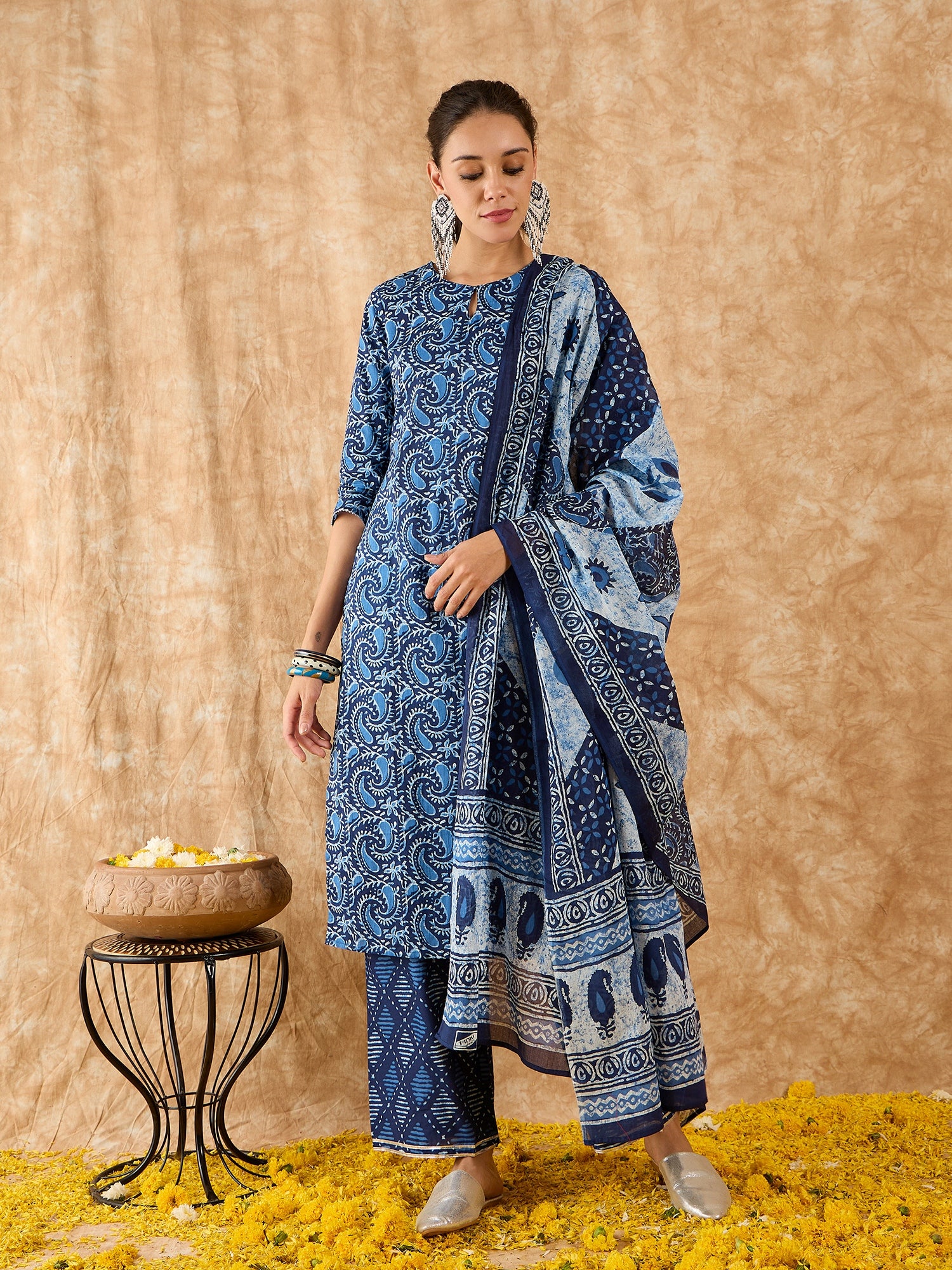 Indo Era Blue Printed Straight Kurta Palazzo With Dupatta Set - Image 3