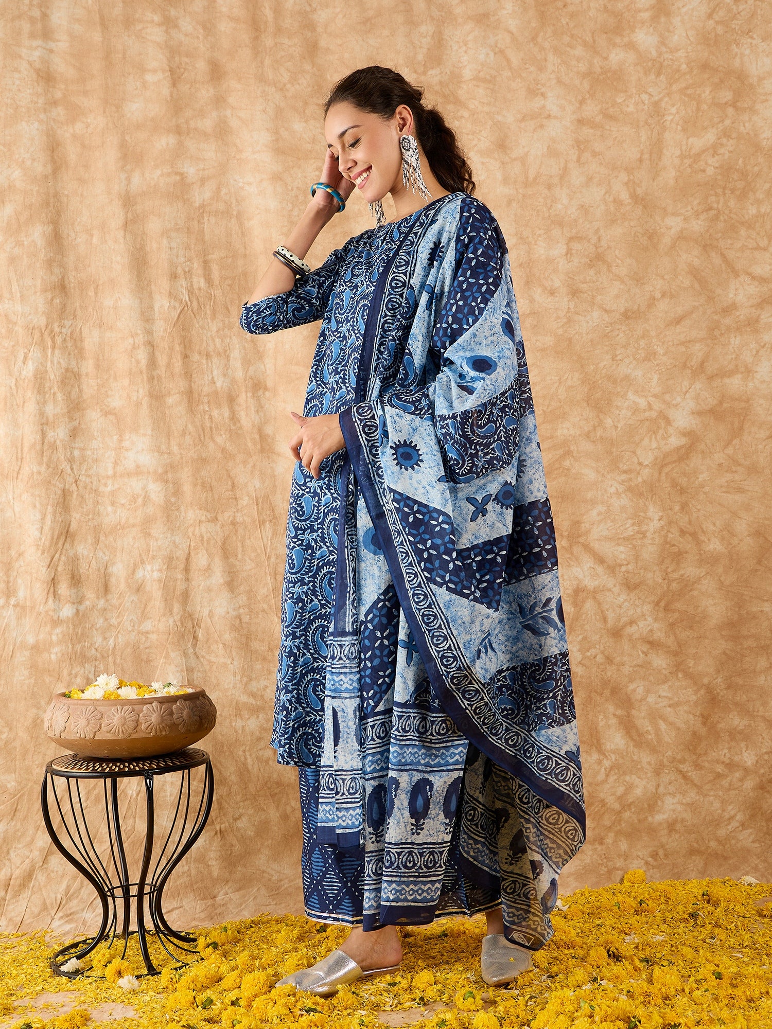 Indo Era Blue Printed Straight Kurta Palazzo With Dupatta Set - Image 4