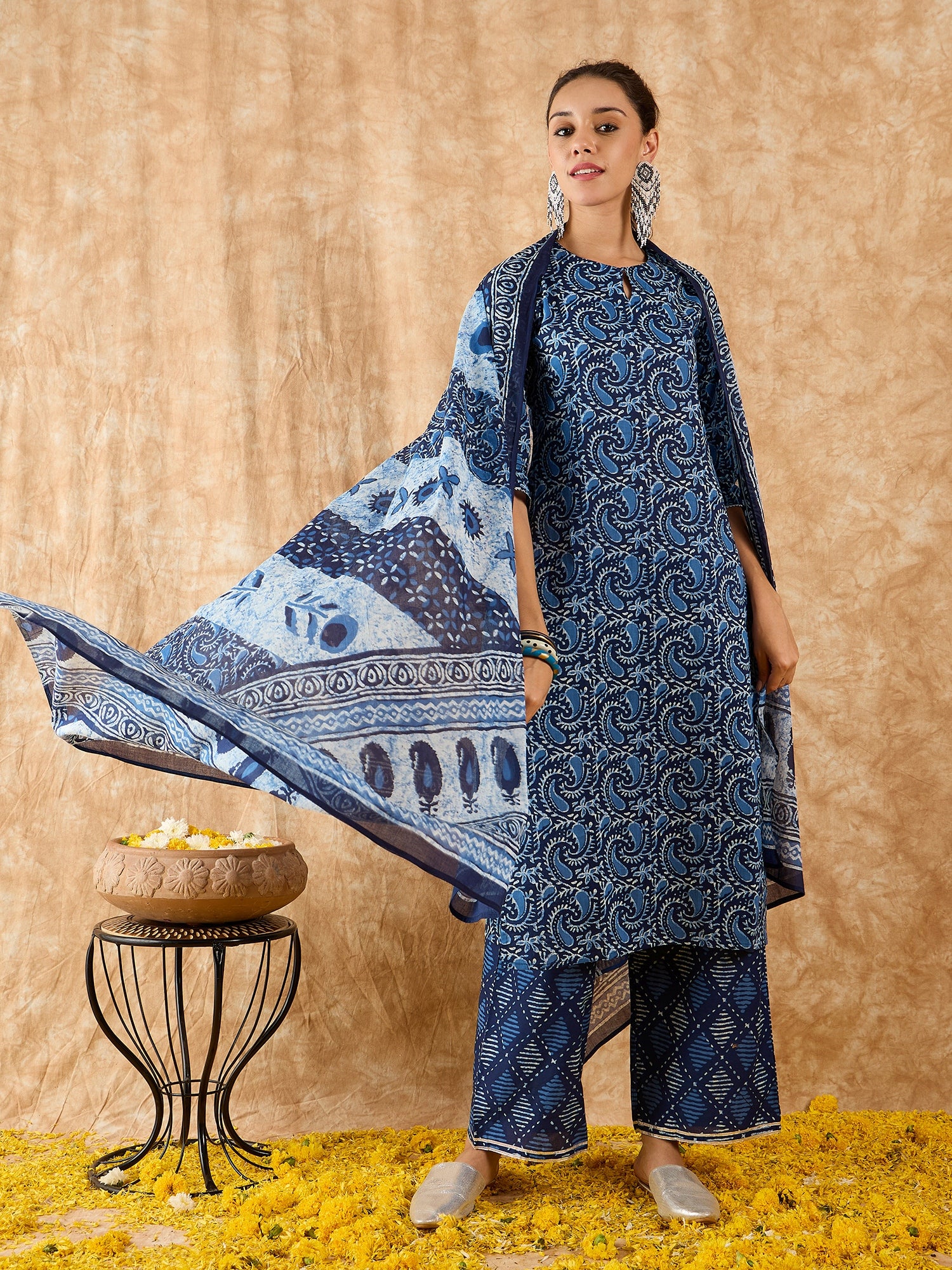 Indo Era Blue Printed Straight Kurta Palazzo With Dupatta Set - Image 5