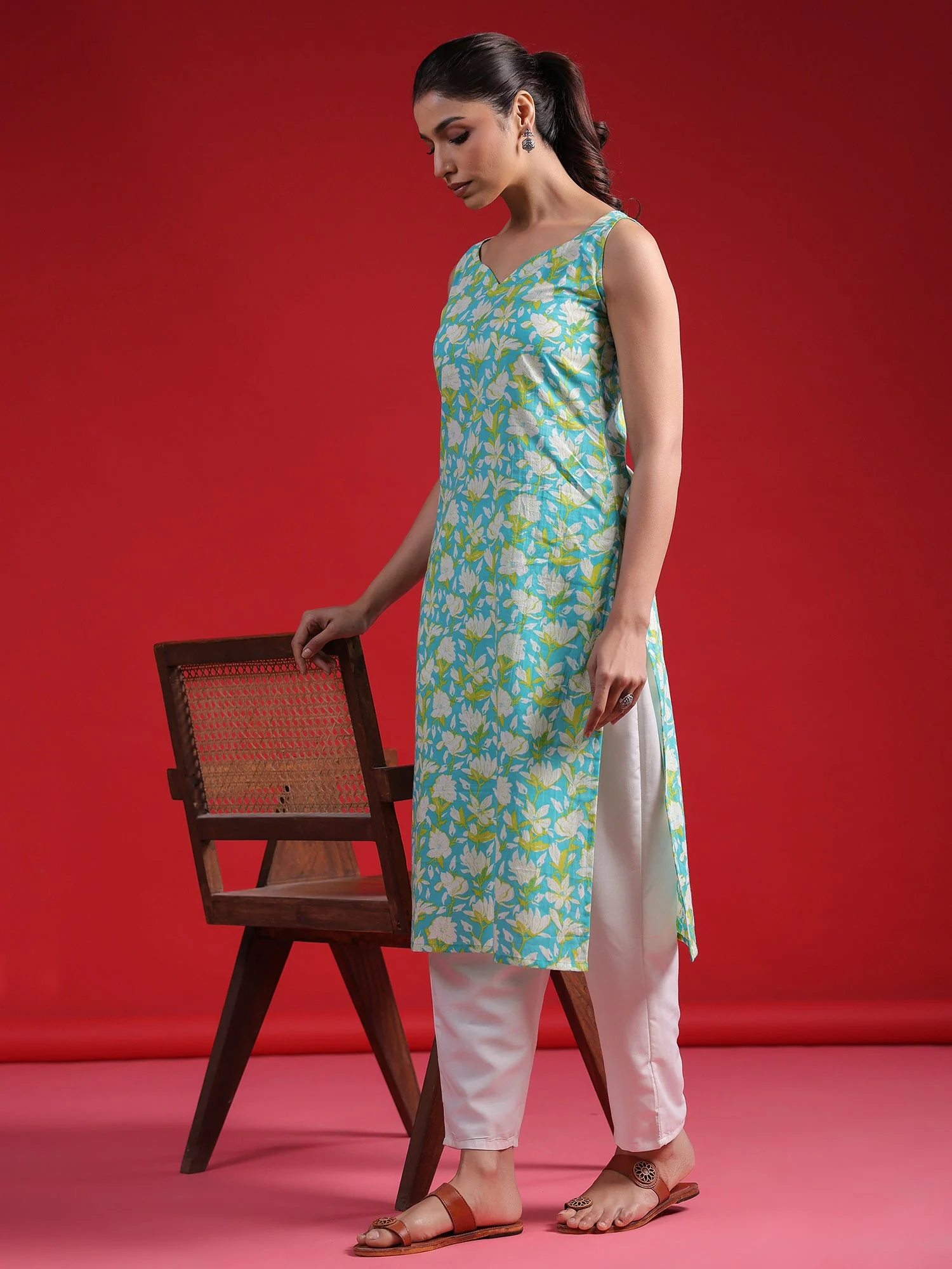 Indo Era Blue Printed Straight Kurtas - Image 4