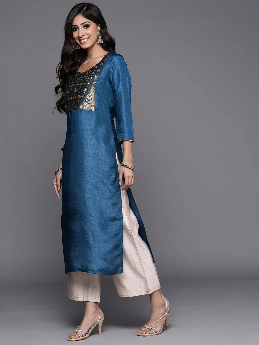 Indo Era Blue Solid Straight Kurta - Image 3