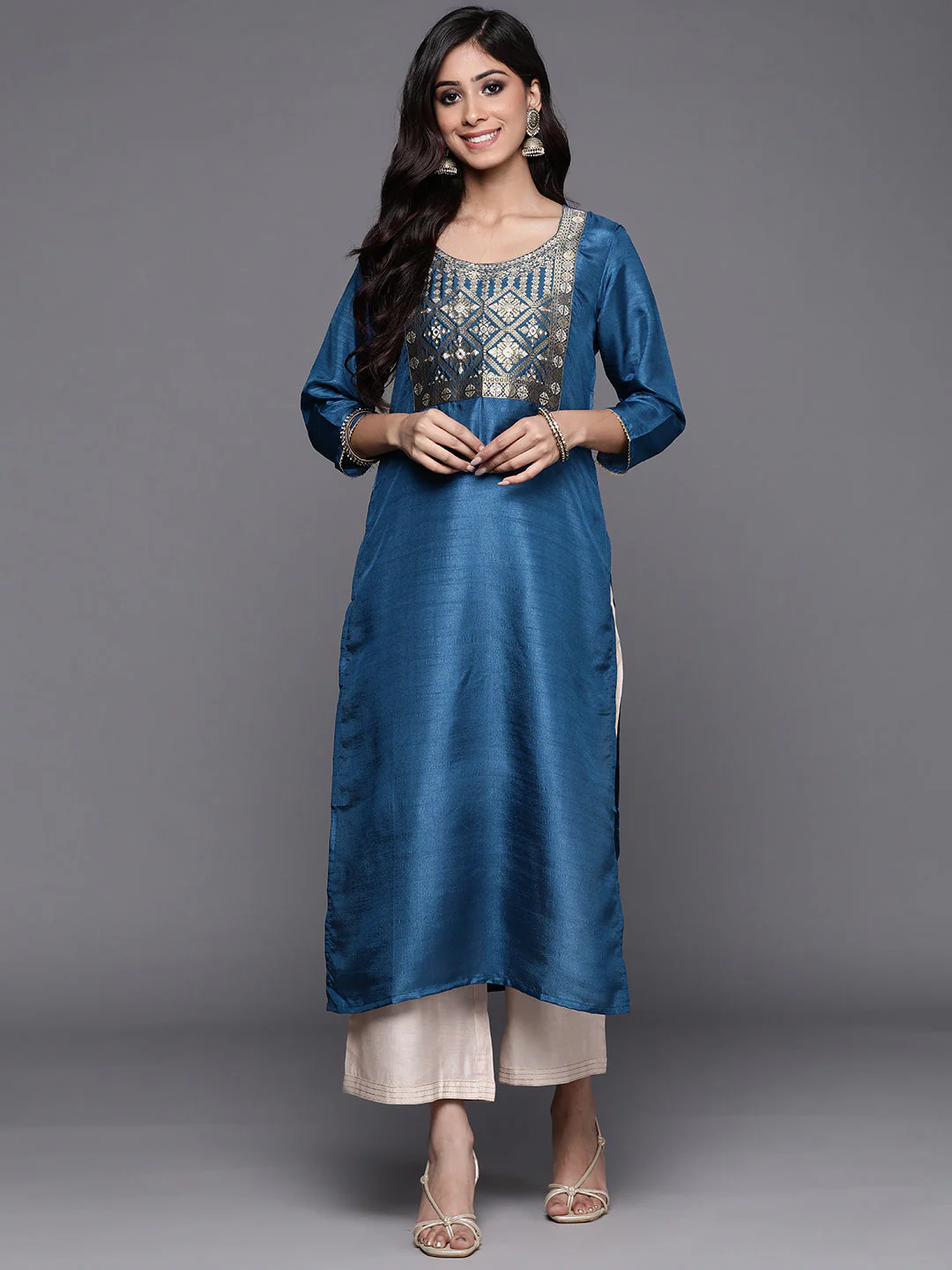 Indo Era Blue Solid Straight Kurta - Image 4