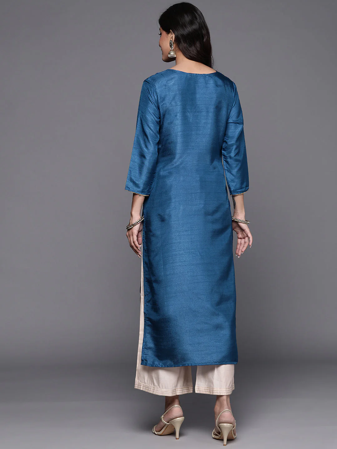 Indo Era Blue Solid Straight Kurta - Image 5