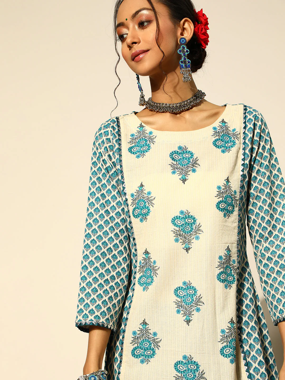 Indo Era Cream Printed A-Line Kurta Trouser With Dupatta Set - Image 3