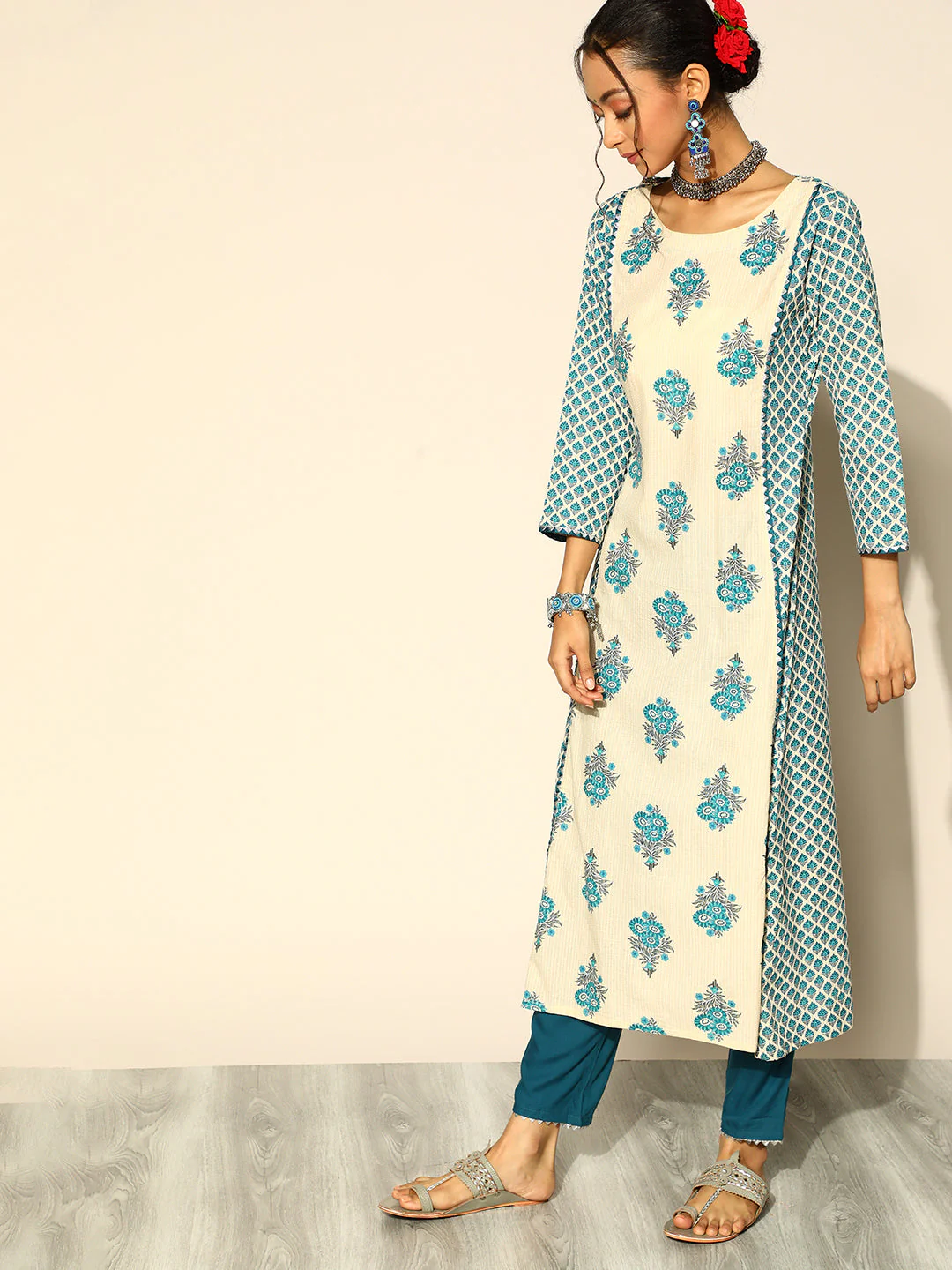 Indo Era Cream Printed A-Line Kurta Trouser With Dupatta Set - Image 4