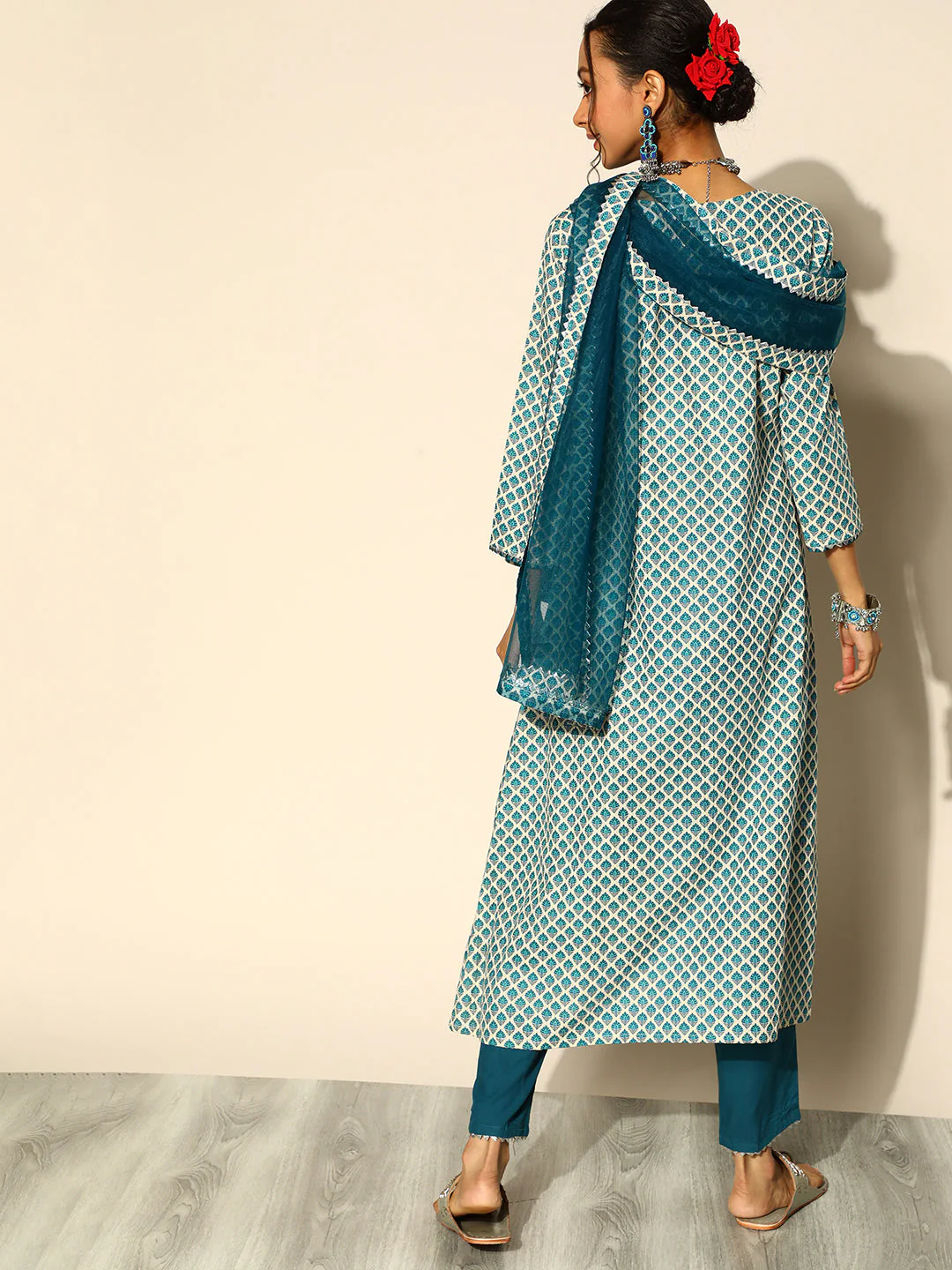 Indo Era Cream Printed A-Line Kurta Trouser With Dupatta Set - Image 5