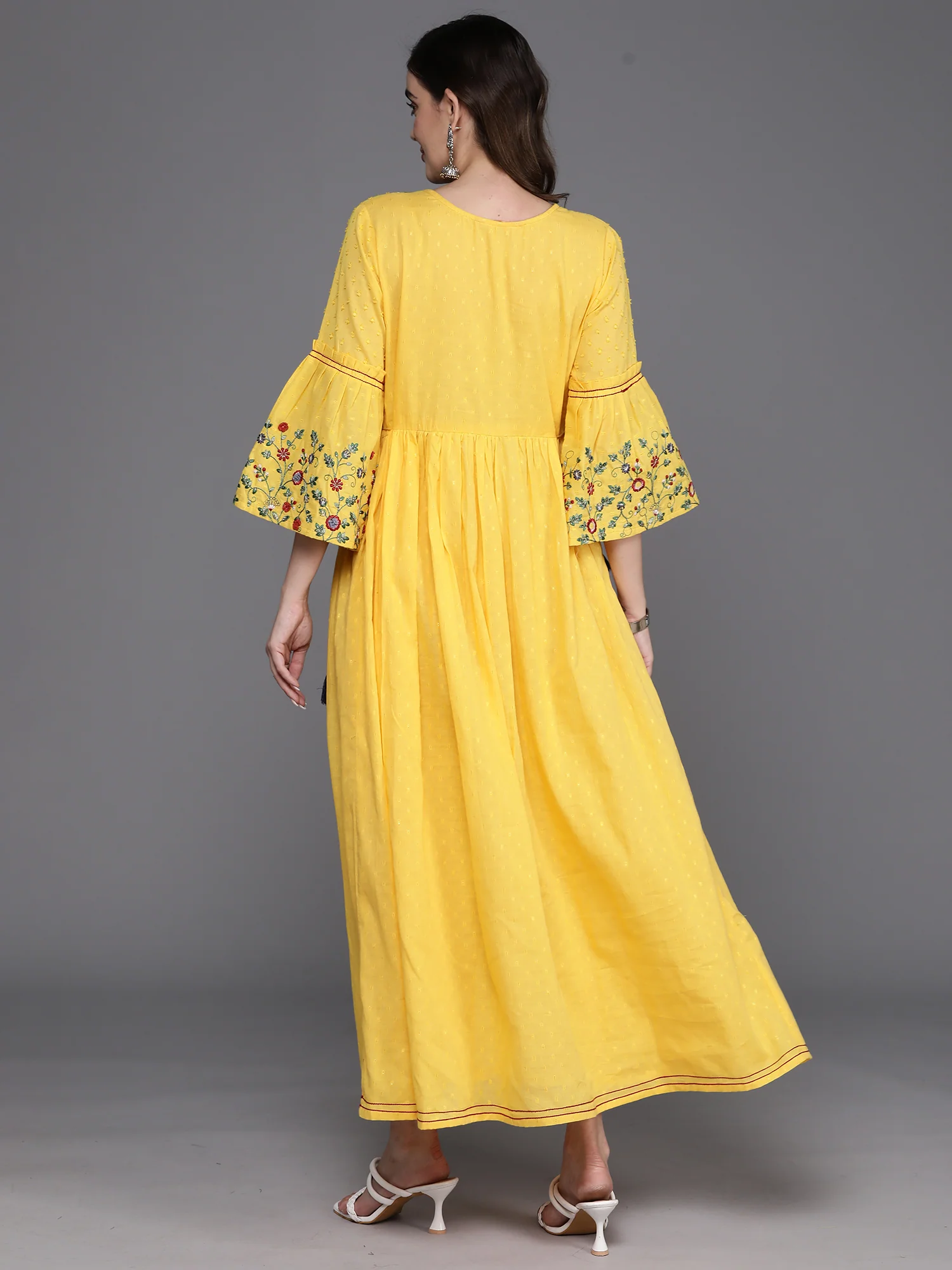 Indo Era Floral Embroidered Round Neck Tie-Ups Detail Cotton Maxi Dress - Image 4