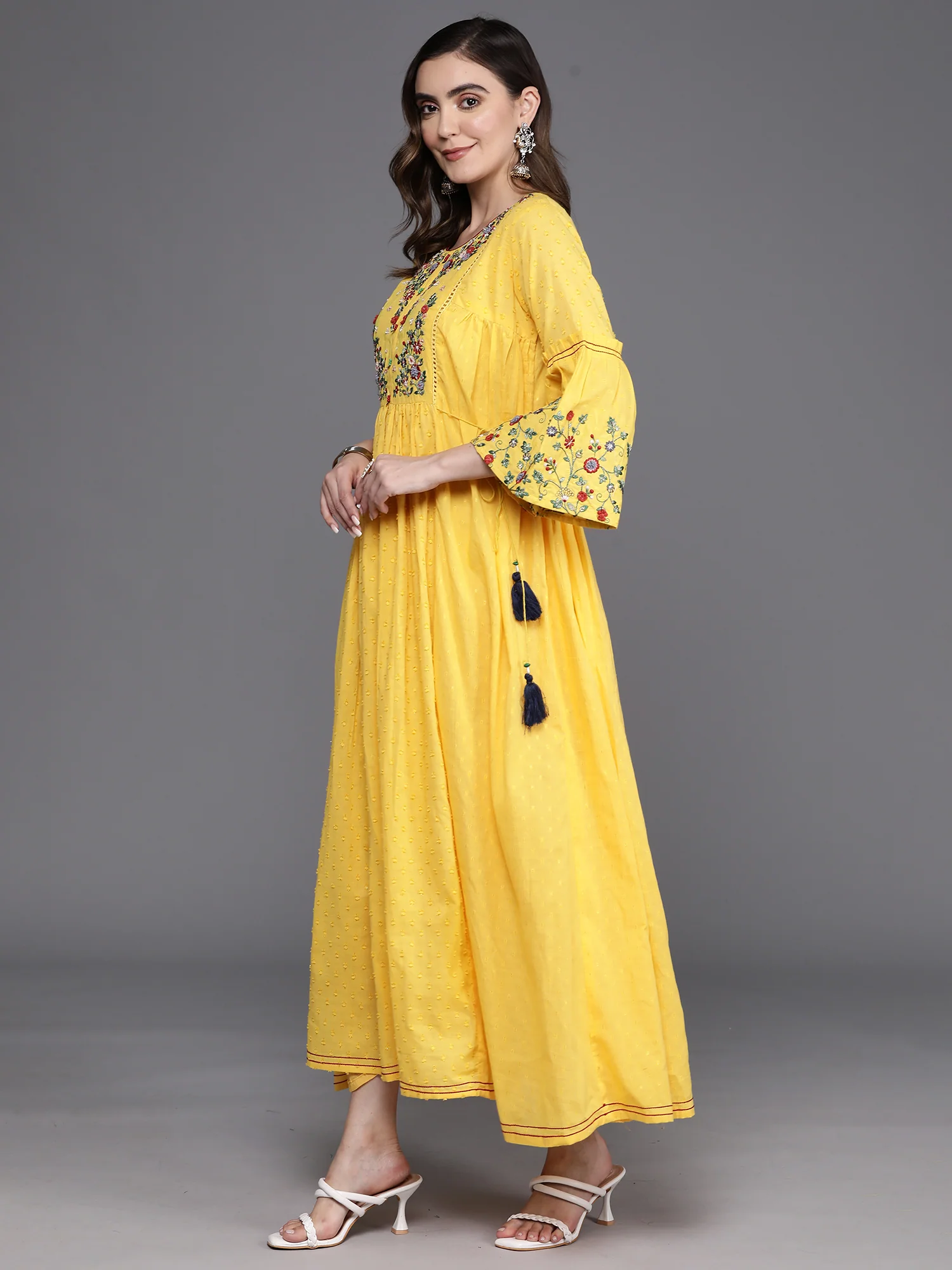 Indo Era Floral Embroidered Round Neck Tie-Ups Detail Cotton Maxi Dress - Image 5