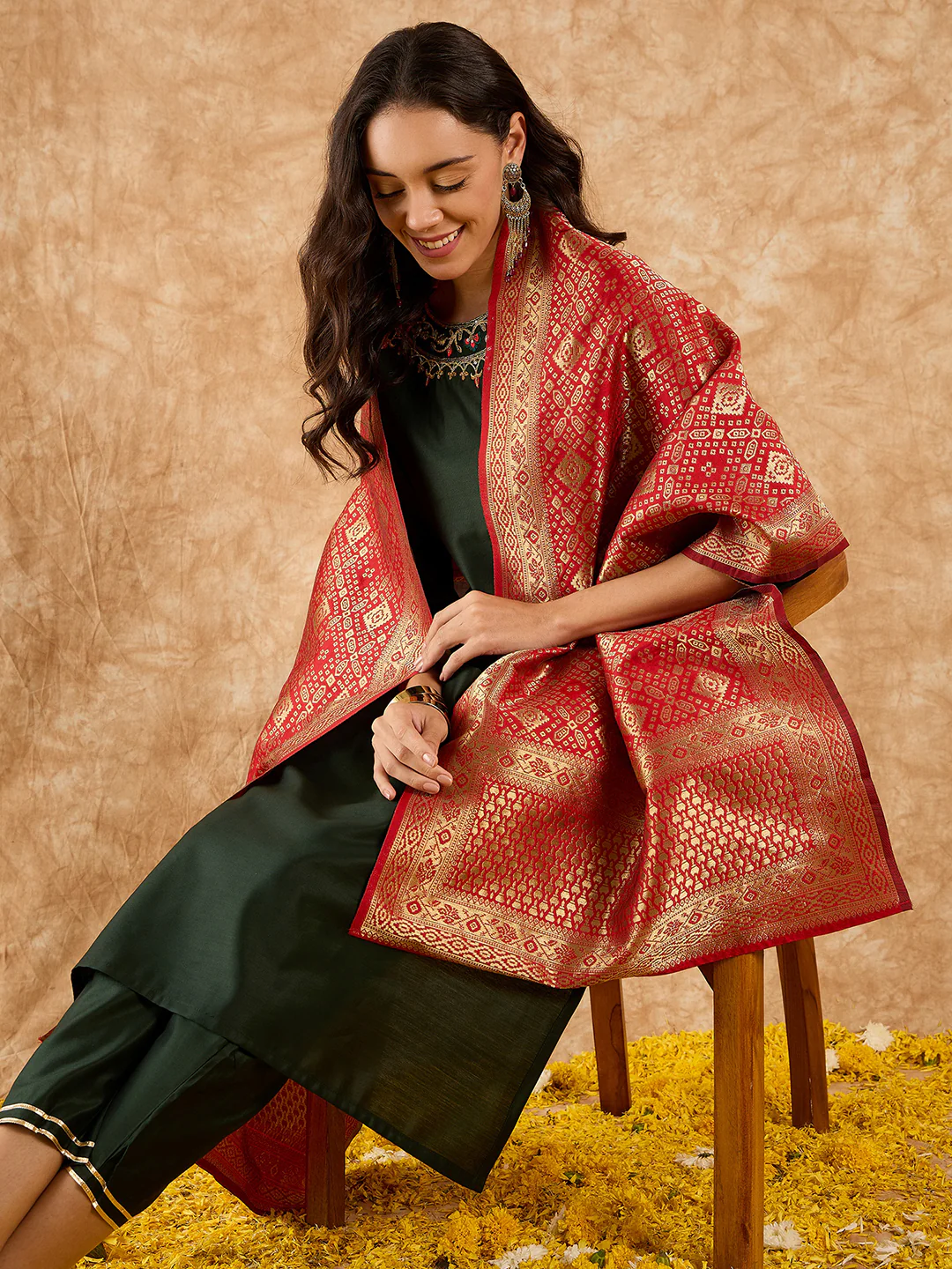 Indo Era Green Embroidered Straight Kurta Palazzo With Dupatta Set - Image 3