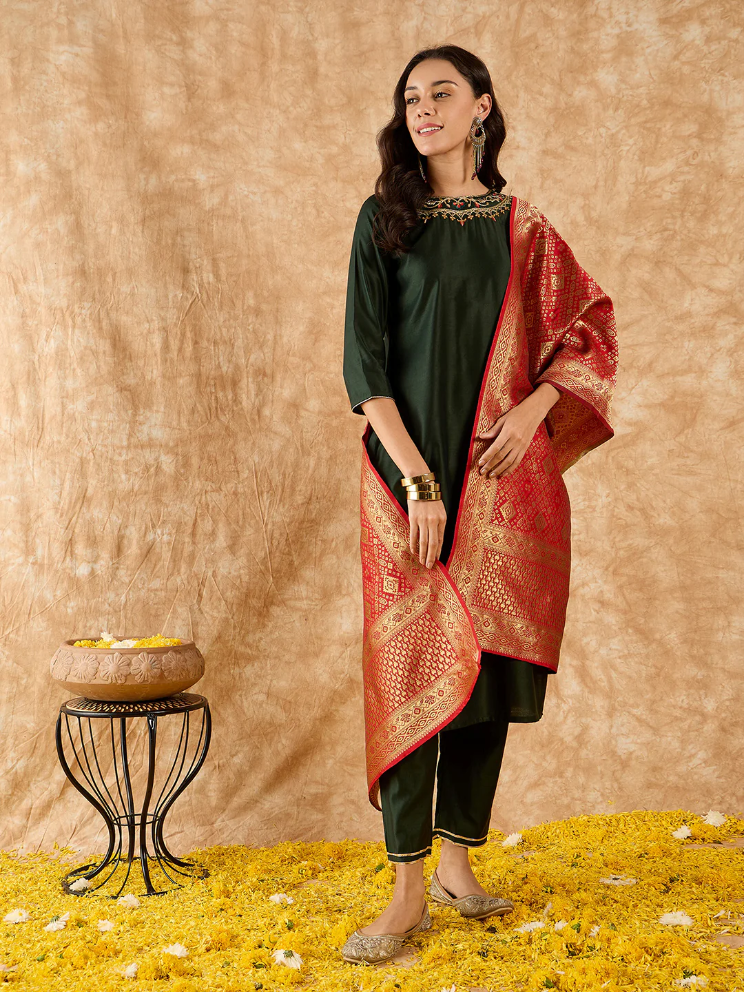 Indo Era Green Embroidered Straight Kurta Palazzo With Dupatta Set - Image 4