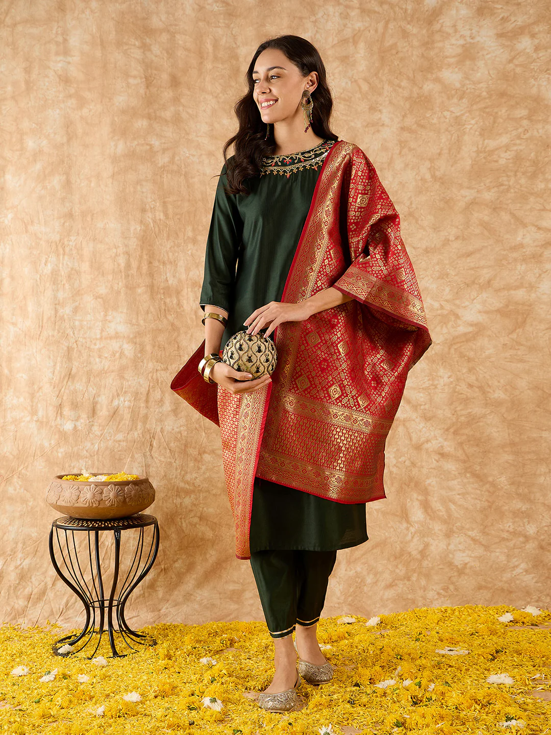 Indo Era Green Embroidered Straight Kurta Palazzo With Dupatta Set - Image 5
