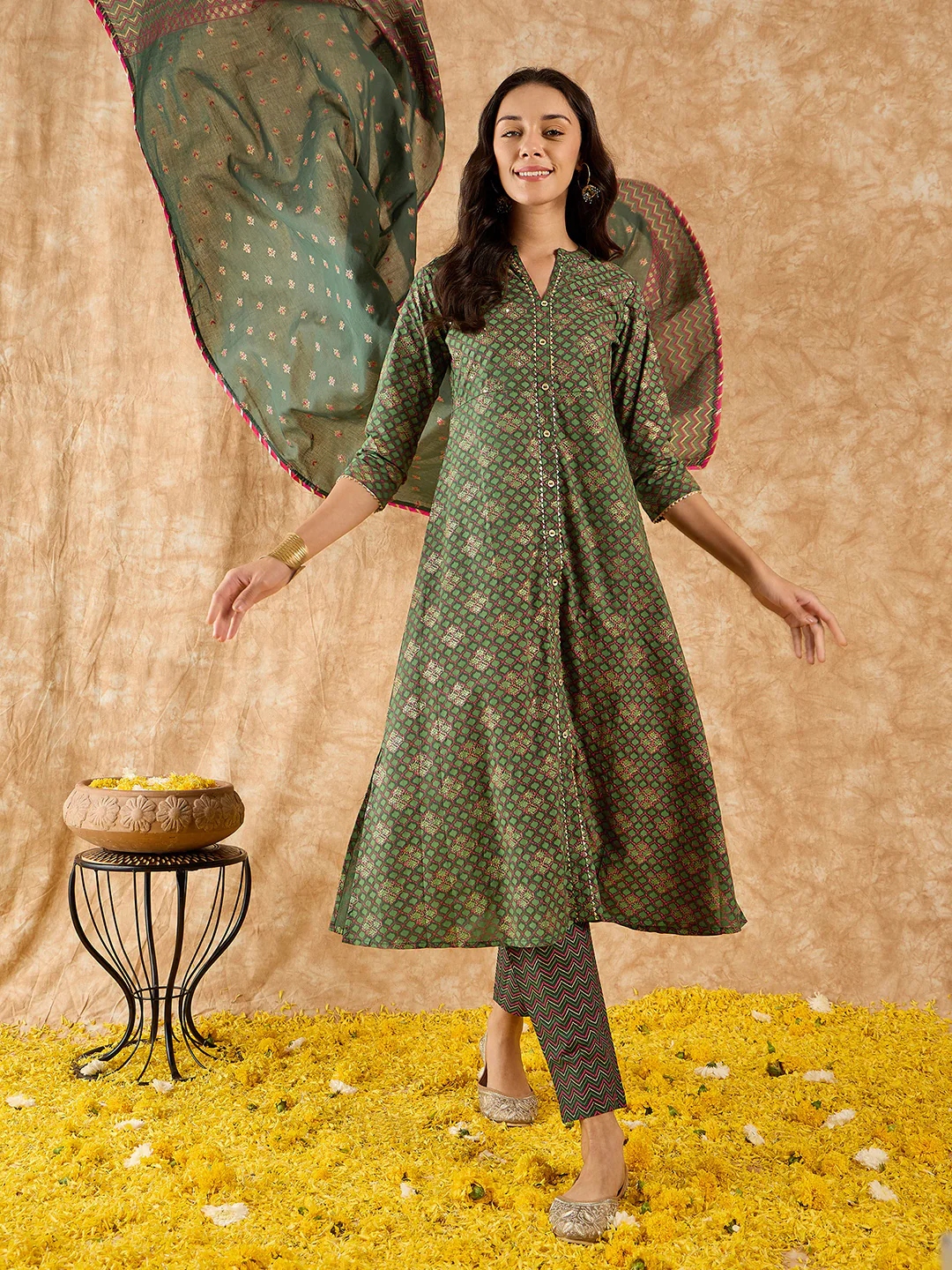 Indo Era Green Printed A-line Kurta Trouser With Dupatta Set - Image 3