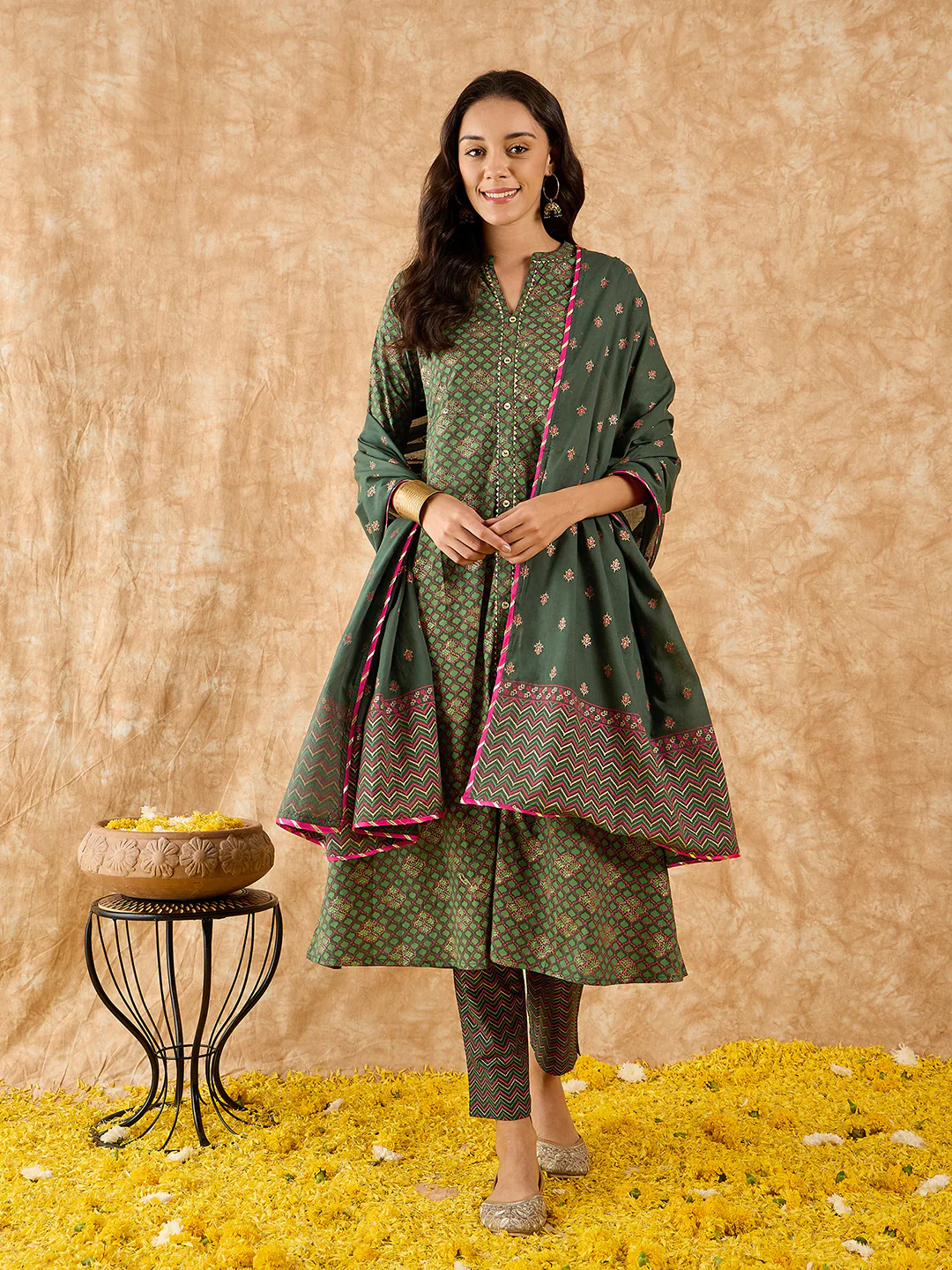 Indo Era Green Printed A-line Kurta Trouser With Dupatta Set - Image 4