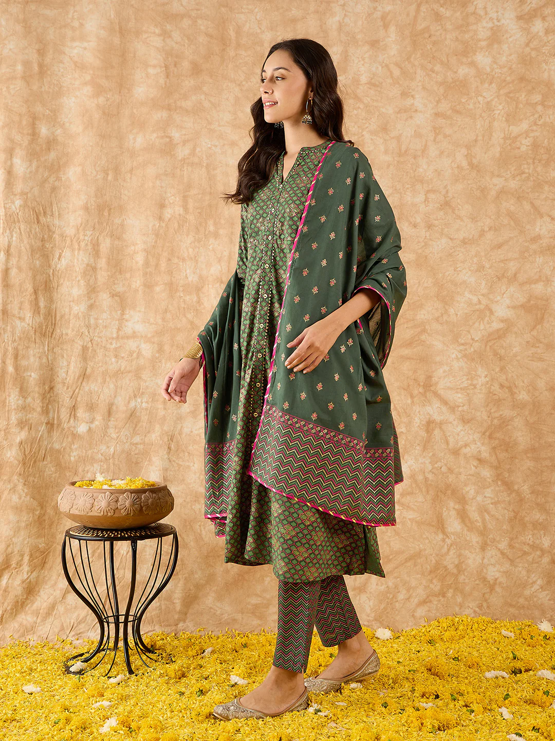 Indo Era Green Printed A-line Kurta Trouser With Dupatta Set - Image 5