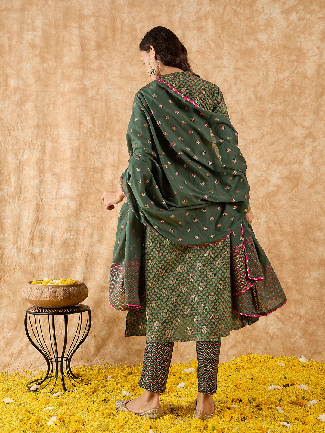Indo Era Green Printed A-line Kurta Trouser With Dupatta Set - Image 6
