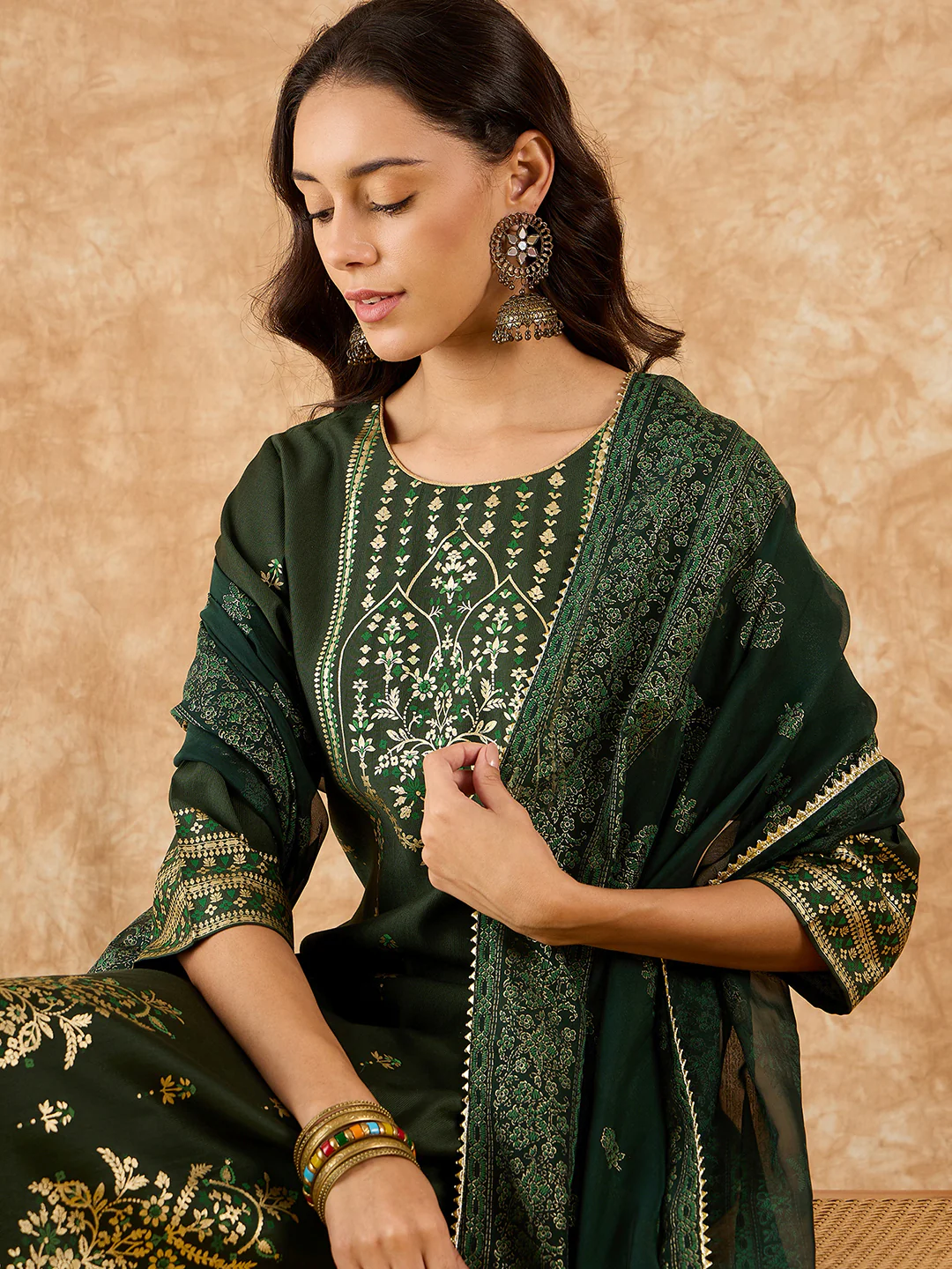 Indo Era Green Printed Straight Kurta Palazzos With Dupatta Set - Image 3