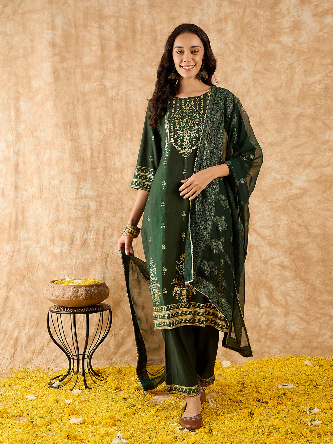 Indo Era Green Printed Straight Kurta Palazzos With Dupatta Set - Image 4