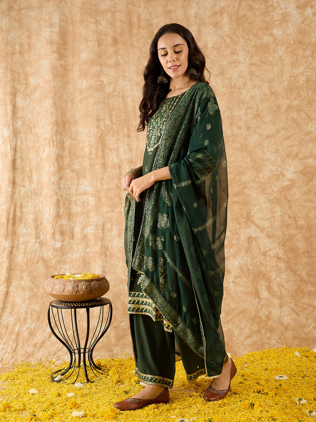 Indo Era Green Printed Straight Kurta Palazzos With Dupatta Set - Image 5