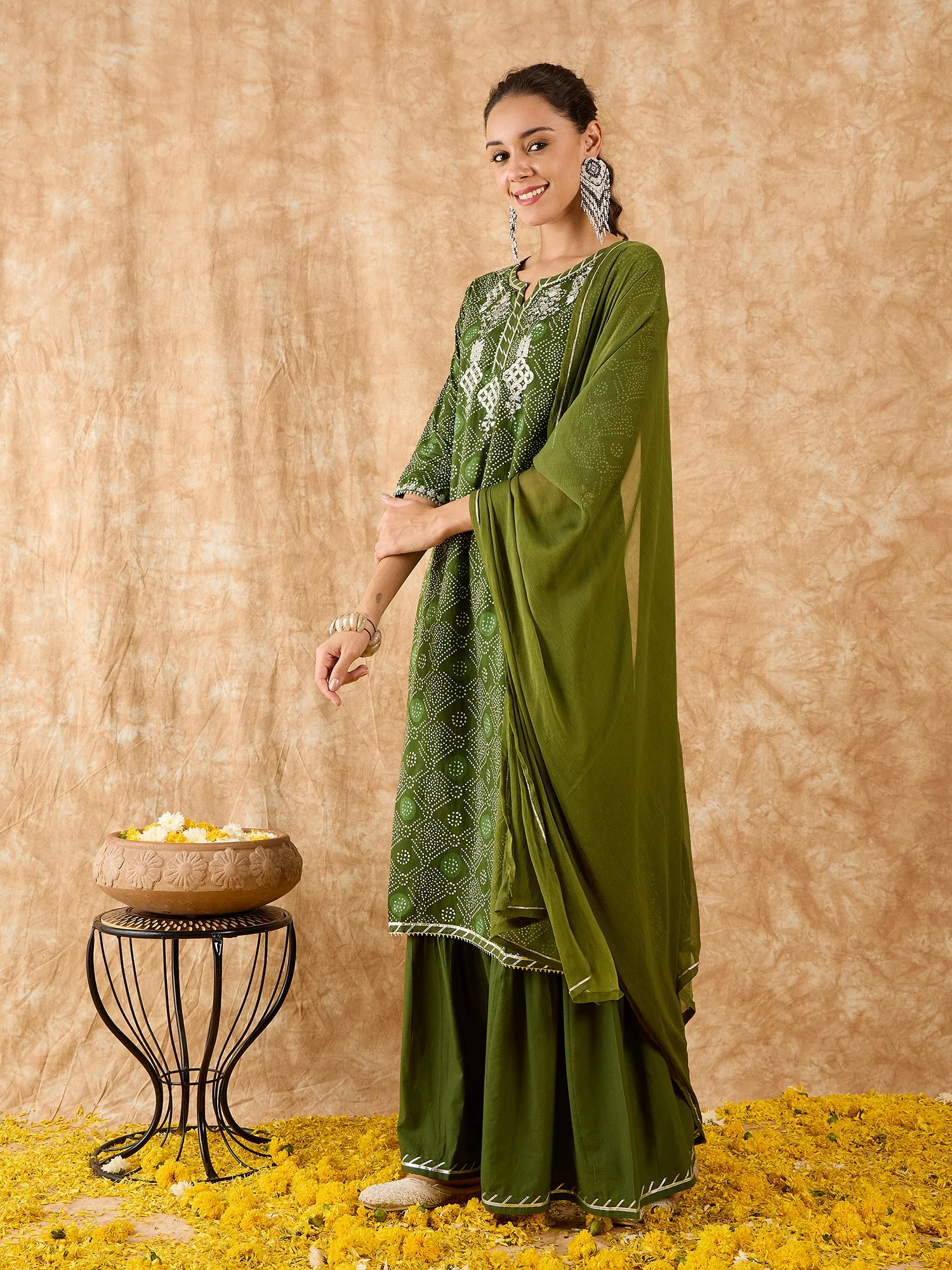 Indo Era Green Printed Straight Kurta Sharara With Dupatta Set - Image 4