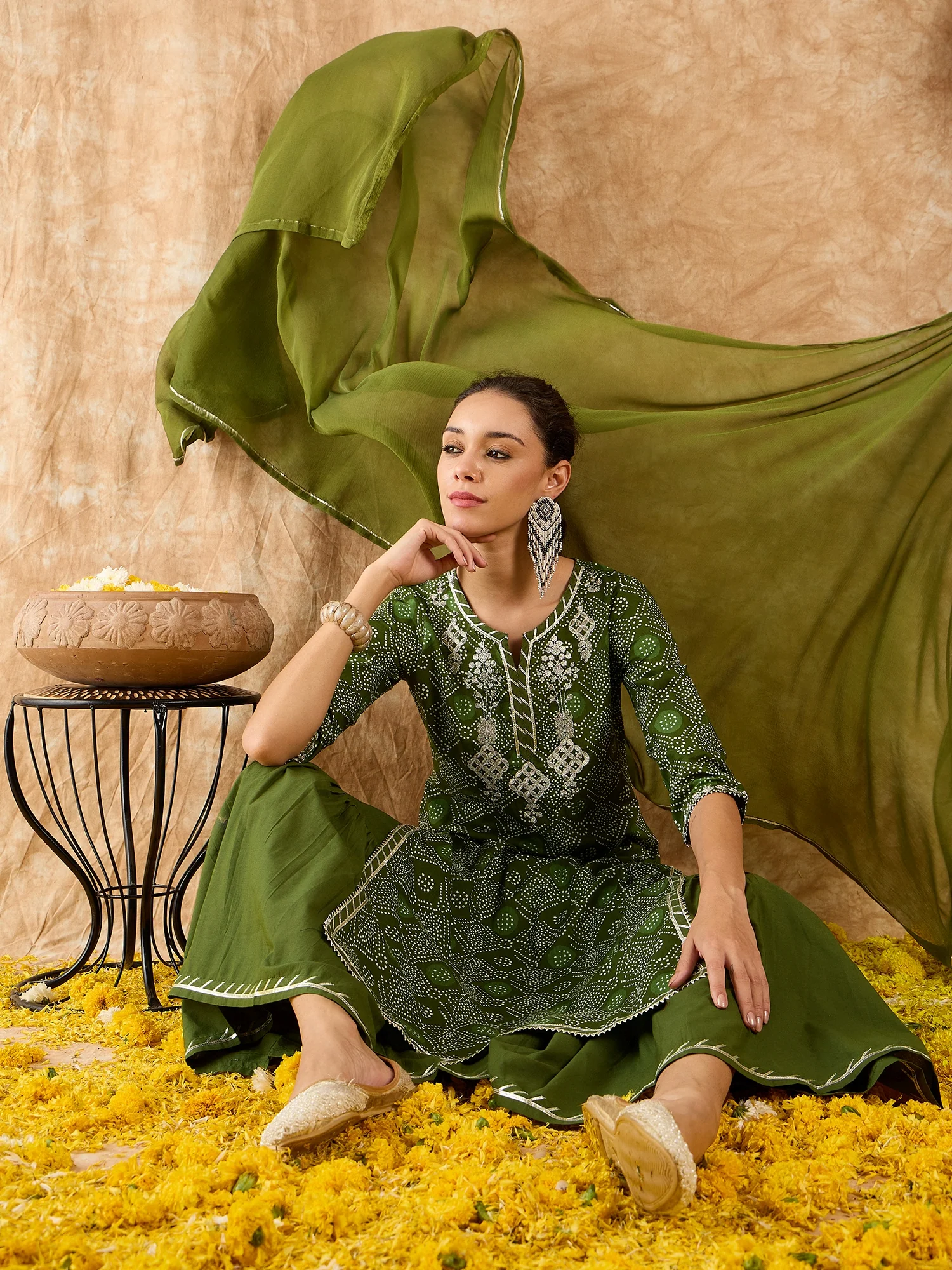 Indo Era Green Printed Straight Kurta Sharara With Dupatta Set - Image 6