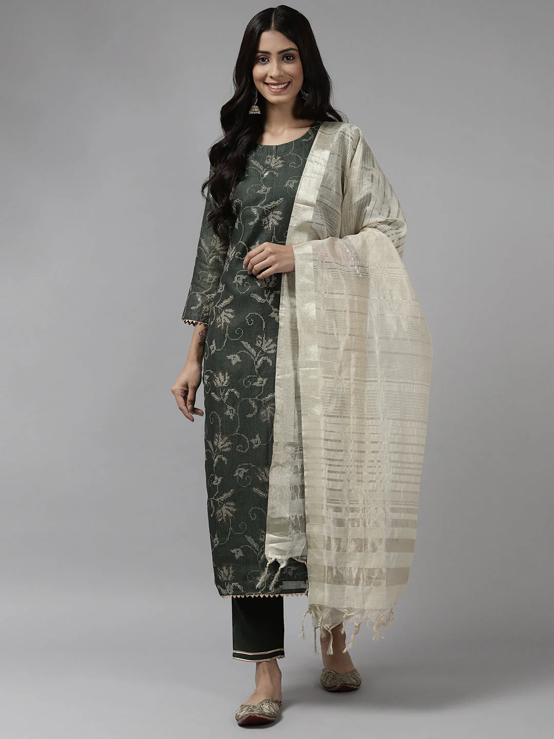 Indo Era Green Printed Straight Kurta Trouser with Dupatta set - Image 3