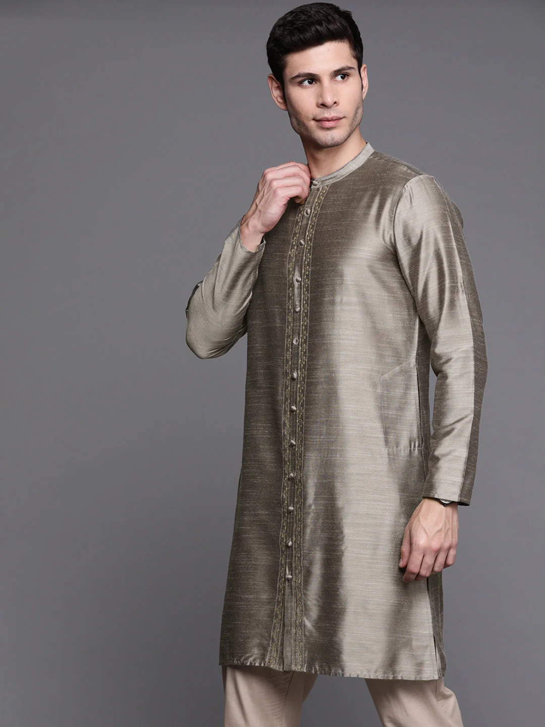 Indo Era Grey Embroidered Chanderi Cotton Straight Kurtas - Image 3