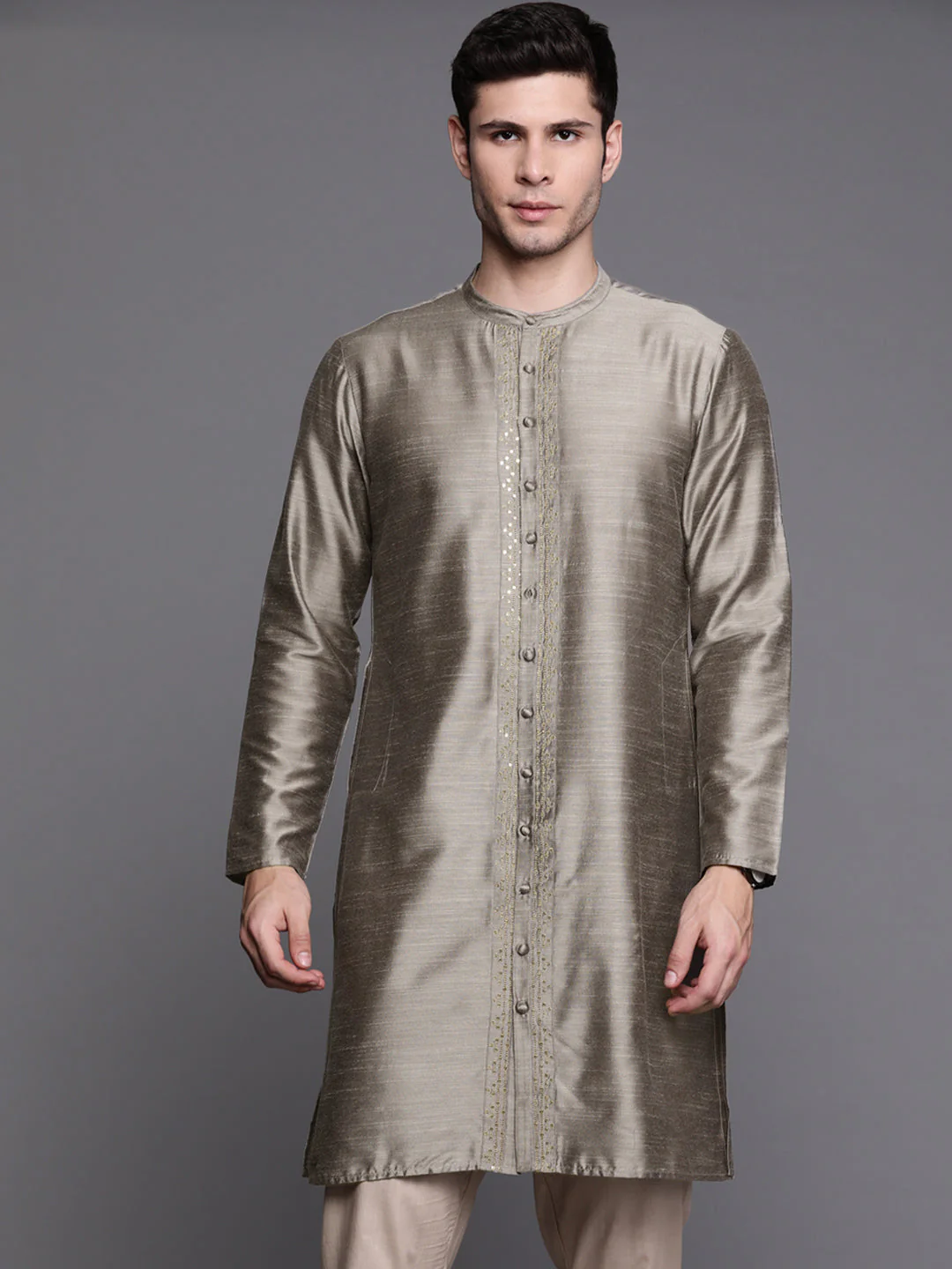 Indo Era Grey Embroidered Chanderi Cotton Straight Kurtas - Image 4