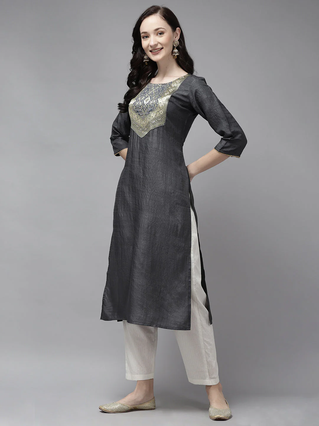 Indo Era Grey Solid Straight Kurta - Image 3